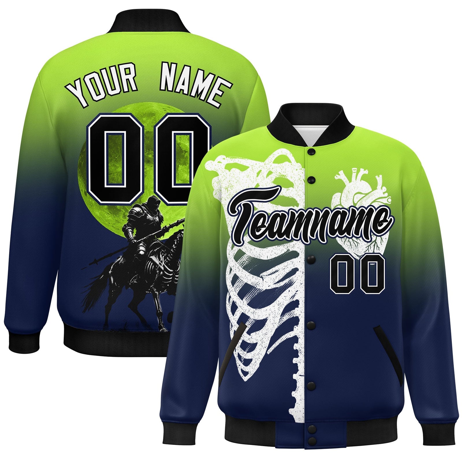 Custom Neon Green Navy Black skeleton Halloween Graffiti Pattern Stretch Fabric Jacket| KXKSHOP