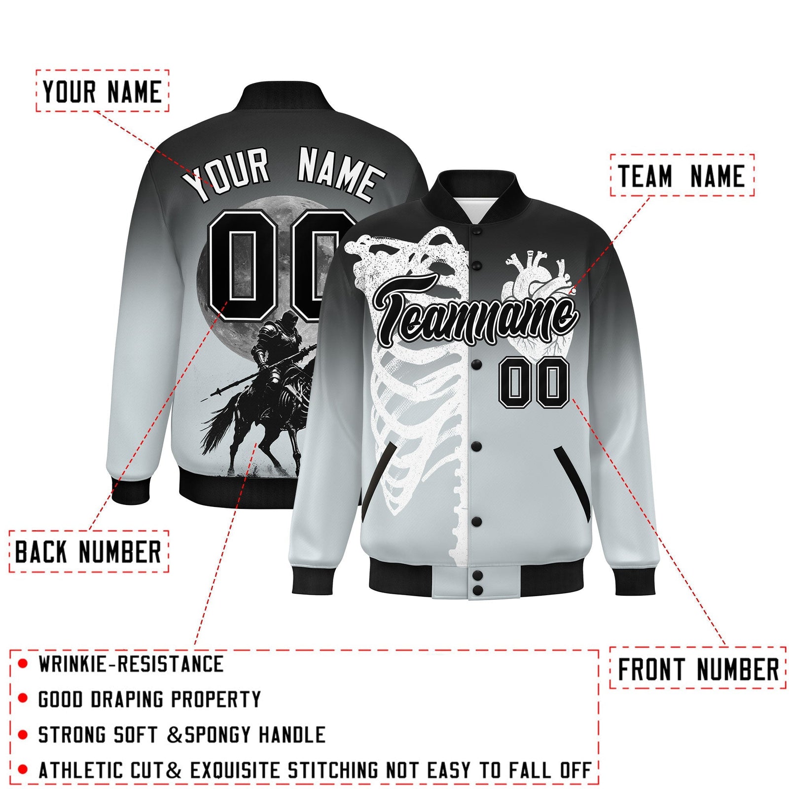 Custom Black Silver White skeleton Halloween Graffiti Pattern Stretch Fabric Jacket| KXKSHOP