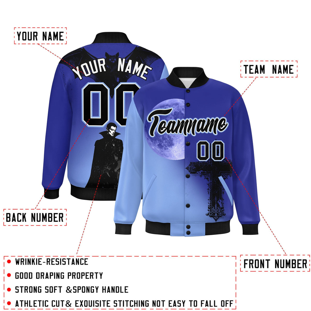 Custom Royal Light Blue Black skeleton Halloween Graffiti Pattern Moisture-Wicking Jacket| KXKSHOP