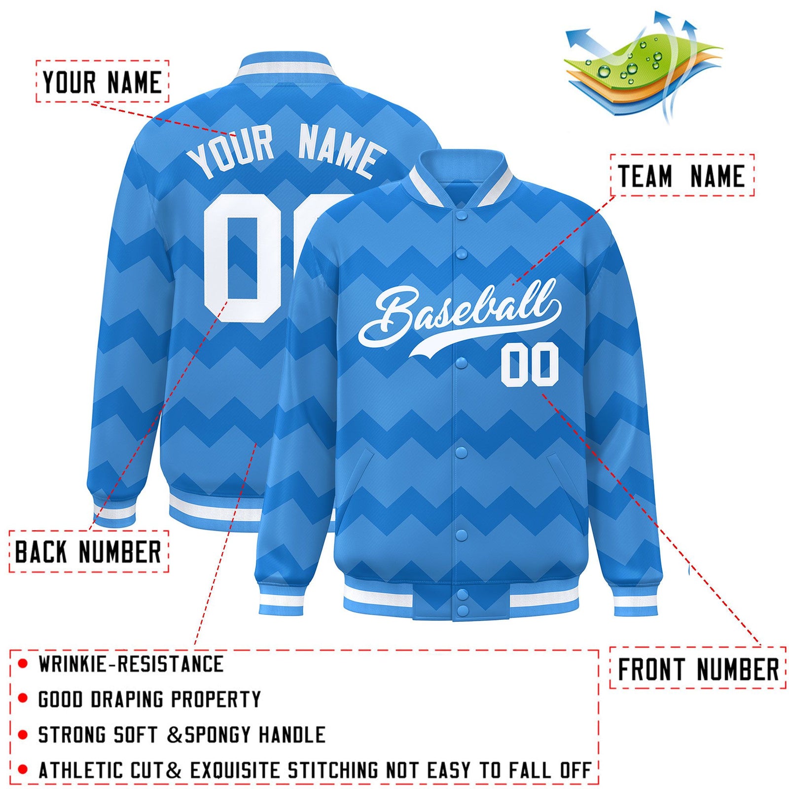 Custom Powder Blue Varsity Full-Snap Ripple Color Block Letterman Jacket