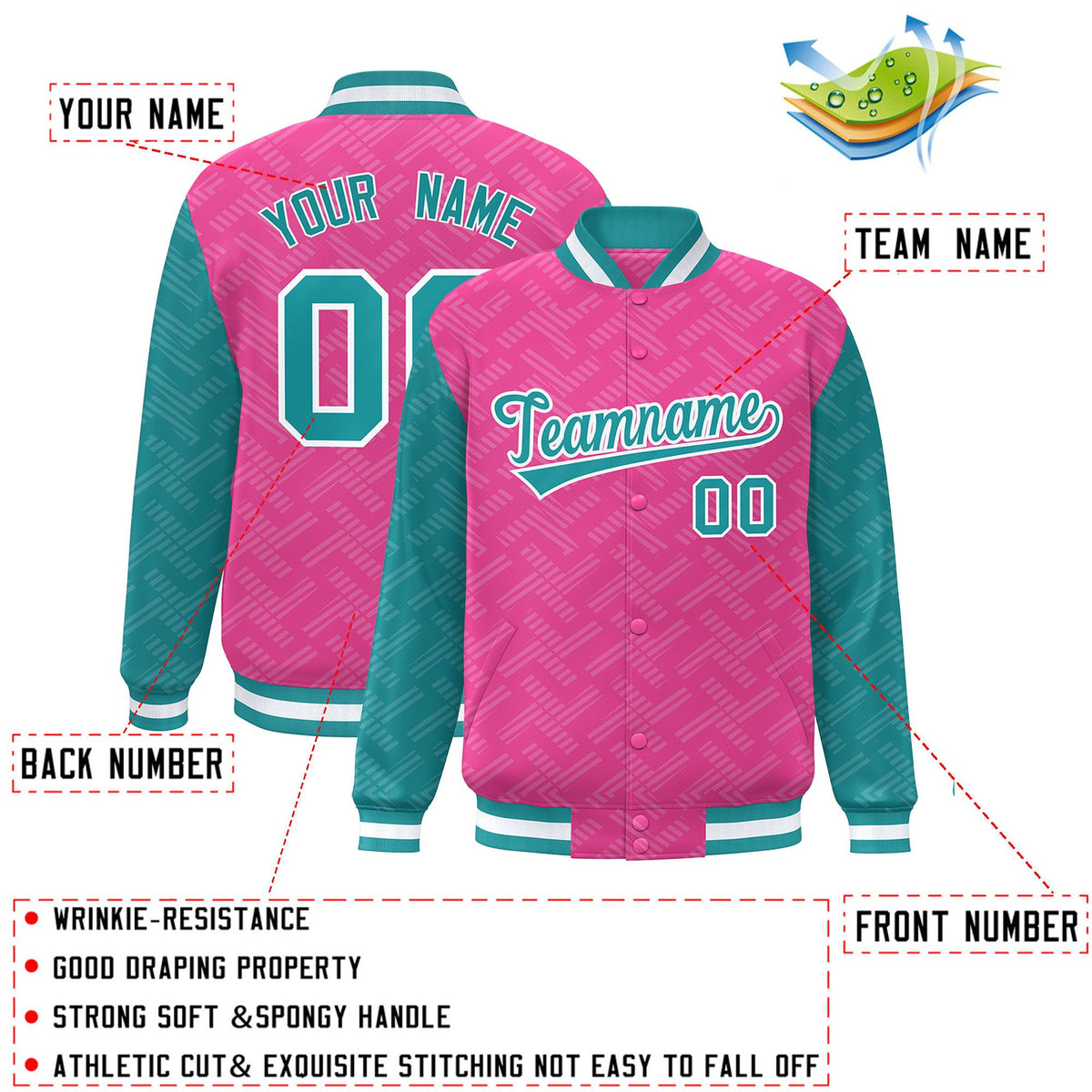 Custom Pink Aqua L Pattern Varsity Raglan Sleeves Full-Snap Letterman Baseball Jacket