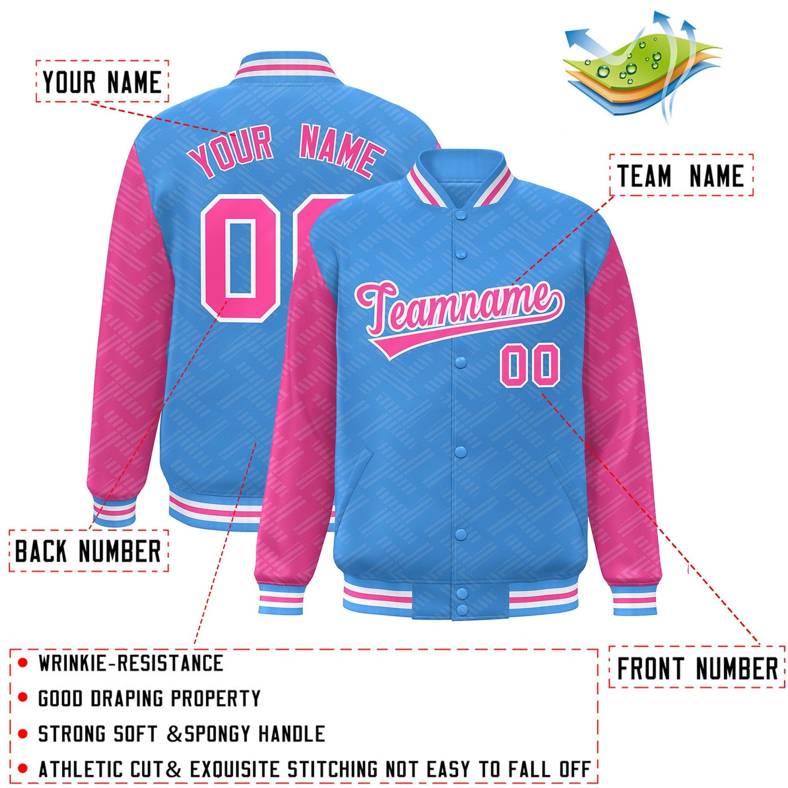Custom Powder Blue Pink L Pattern Varsity Raglan Sleeves Full-Snap Letterman Baseball Jacket