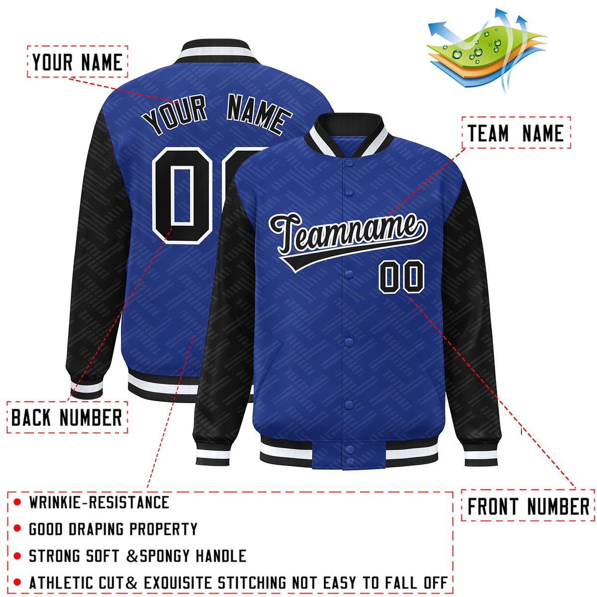 Custom Royal Black L Pattern Varsity Raglan Sleeves Full-Snap Letterman Baseball Jacket