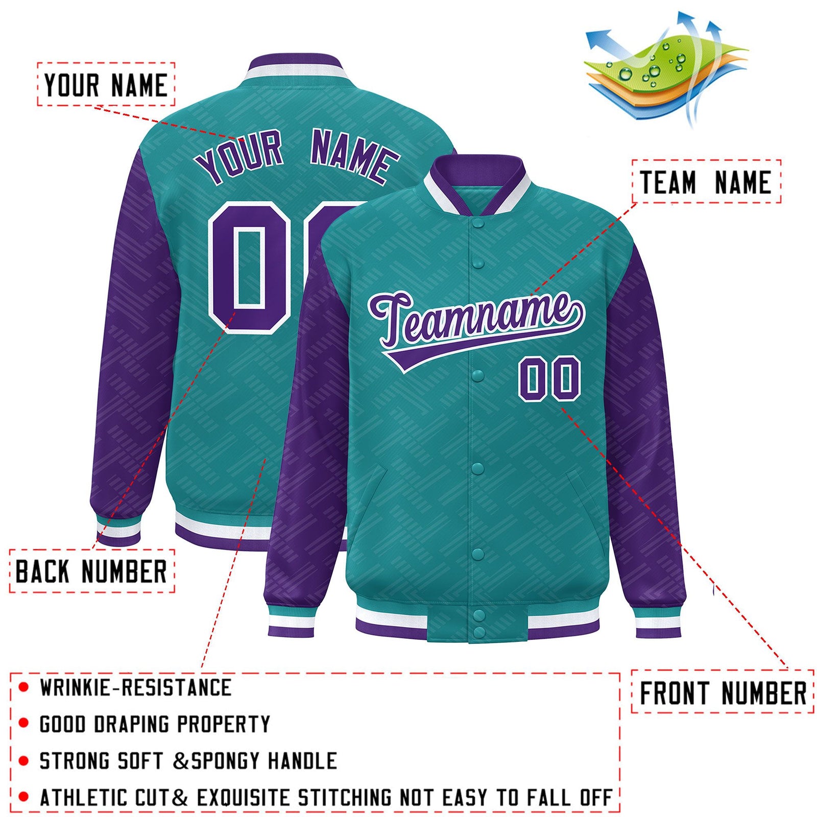 Custom Aqua Purple L Pattern Varsity Raglan Sleeves Full-Snap Letterman Baseball Jacket