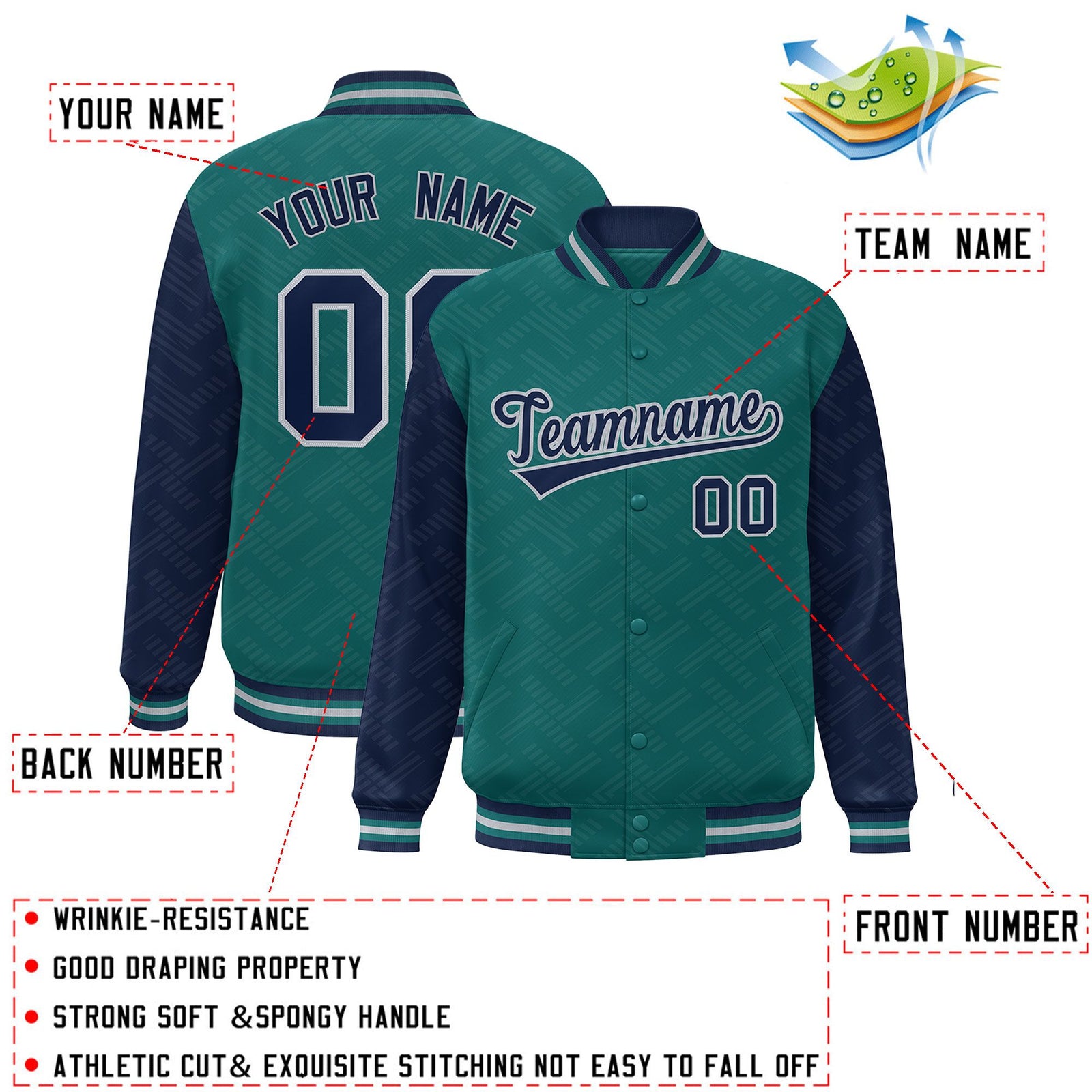Custom Aqua Navy L Pattern Varsity Raglan Sleeves Full-Snap Letterman Baseball Jacket