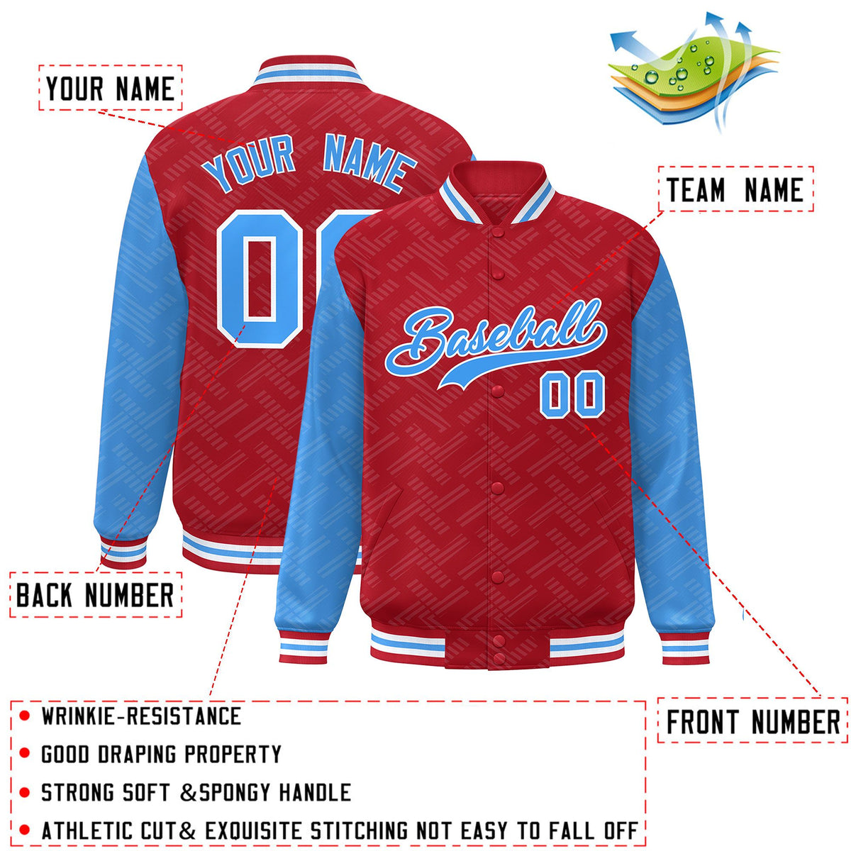 Custom Red Powder Blue L Pattern Varsity Raglan Sleeves Full-Snap Letterman Baseball Jacket