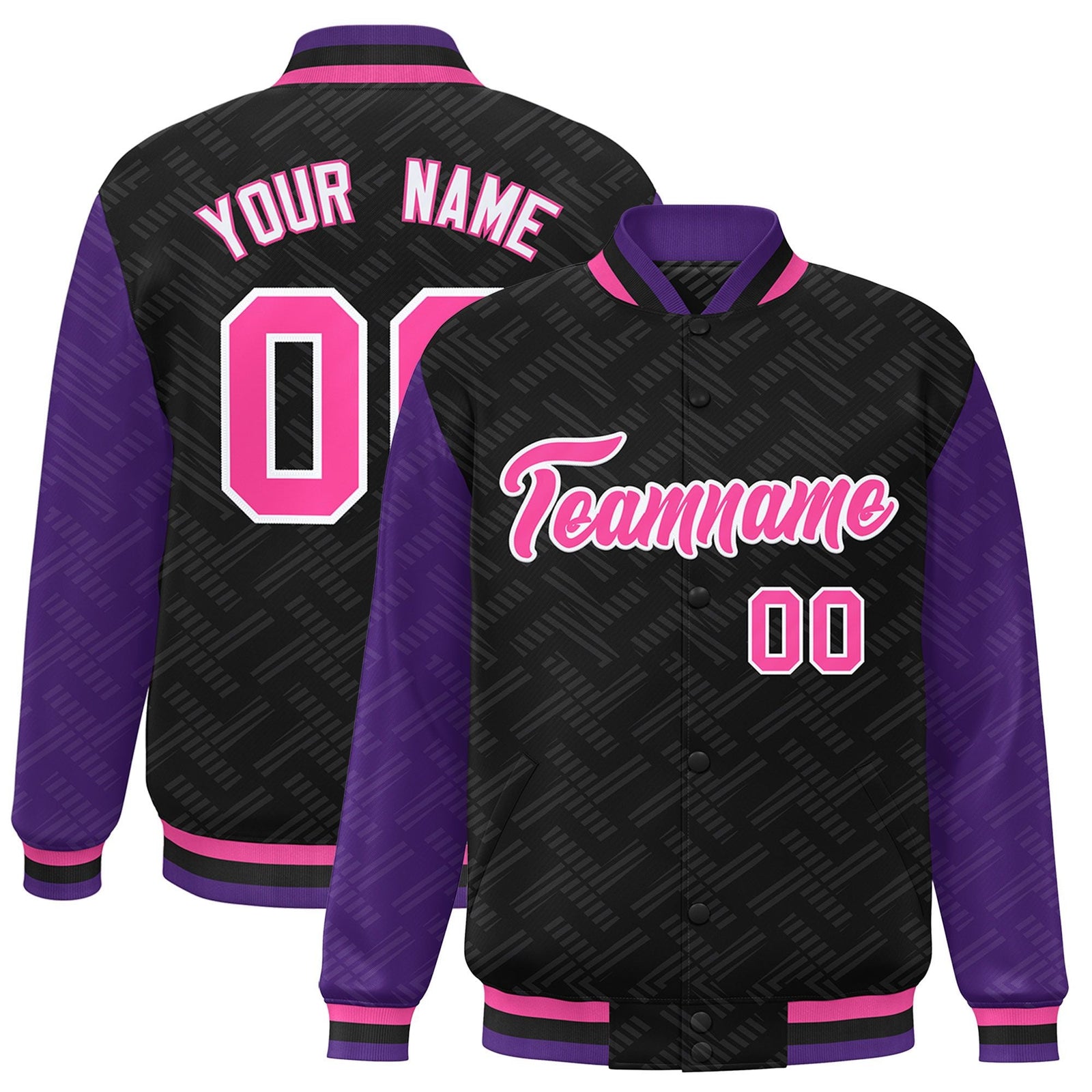 Custom Black Purple L Pattern Varsity Raglan Sleeves Full-Snap Letterman Baseball Jacket