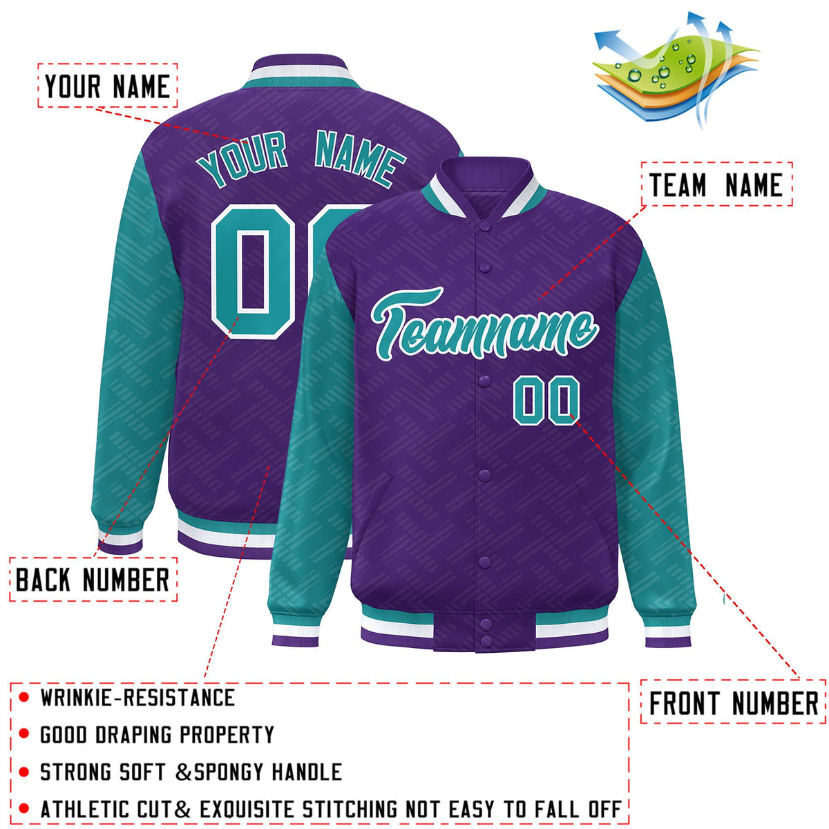 Custom Purple Aqua L Pattern Varsity Raglan Sleeves Full-Snap Letterman Baseball Jacket