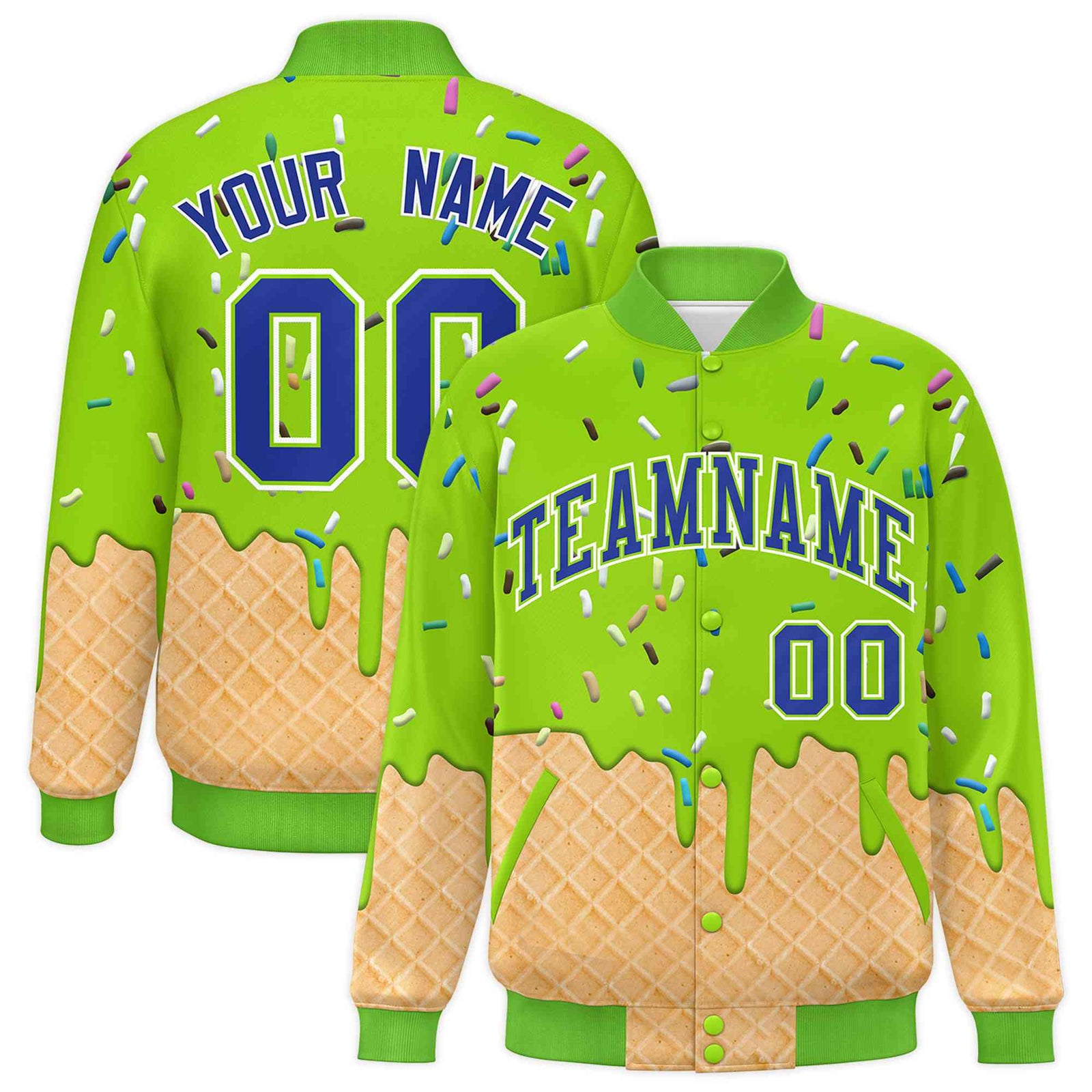 Custom Neon Green Ice Cream Cone Graffiti Pattern Full-Snap Varsity Letterman Jackets