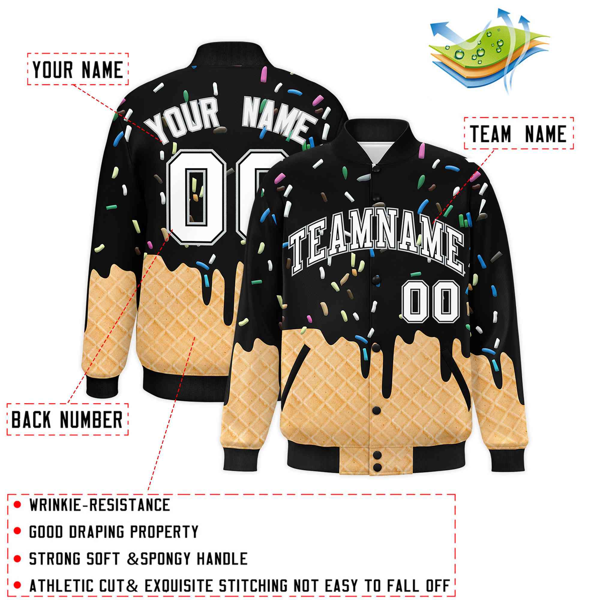 Custom Black Ice Cream Cone Graffiti Pattern Full-Snap Varsity Letterman Jackets