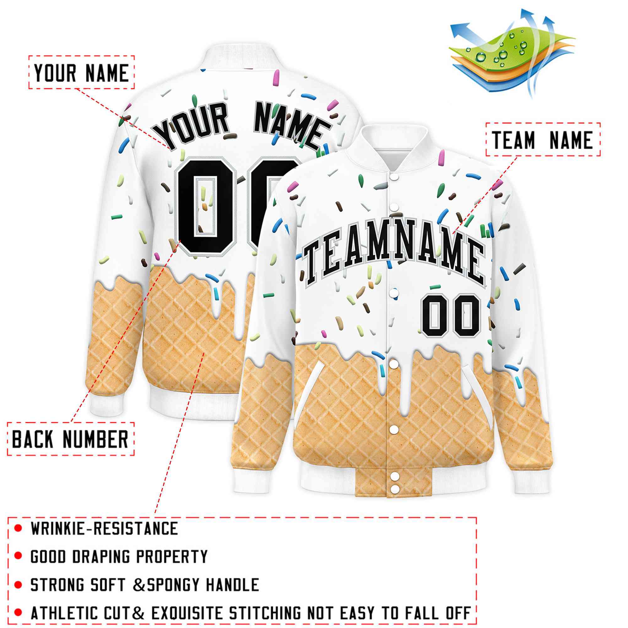Custom White Ice Cream Cone Graffiti Pattern Full-Snap Varsity Letterman Jackets