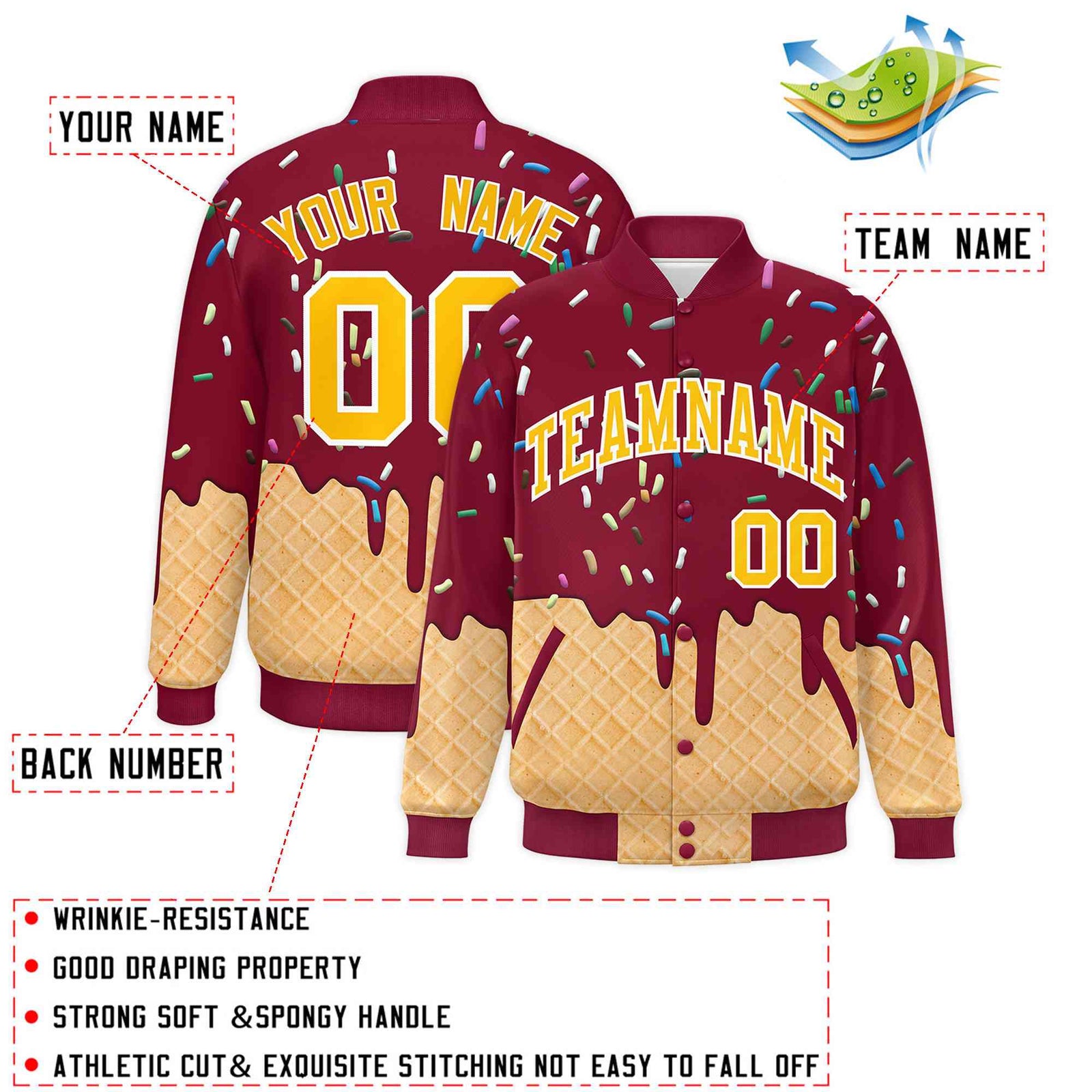 Custom Crimson Ice Cream Cone Graffiti Pattern Full-Snap Varsity Letterman Jackets