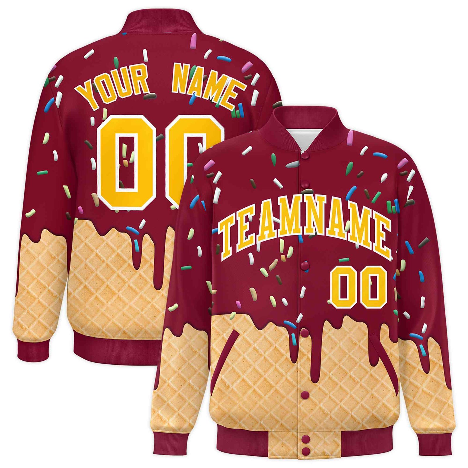 Custom Crimson Ice Cream Cone Graffiti Pattern Full-Snap Varsity Letterman Jackets