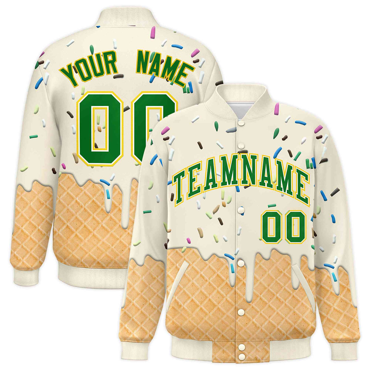 Custom Cream Ice Cream Cone Graffiti Pattern Full-Snap Varsity Letterman Jackets
