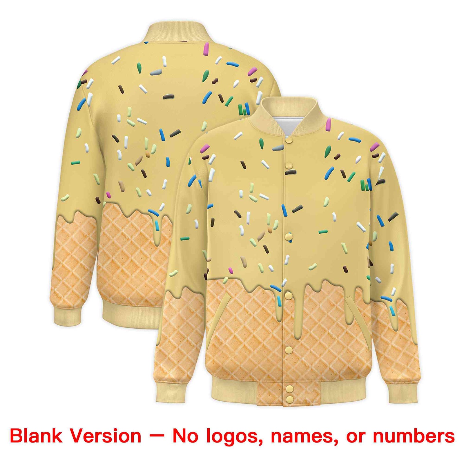 Custom Khaki Ice Cream Cone Graffiti Pattern Full-Snap Varsity Letterman Jackets