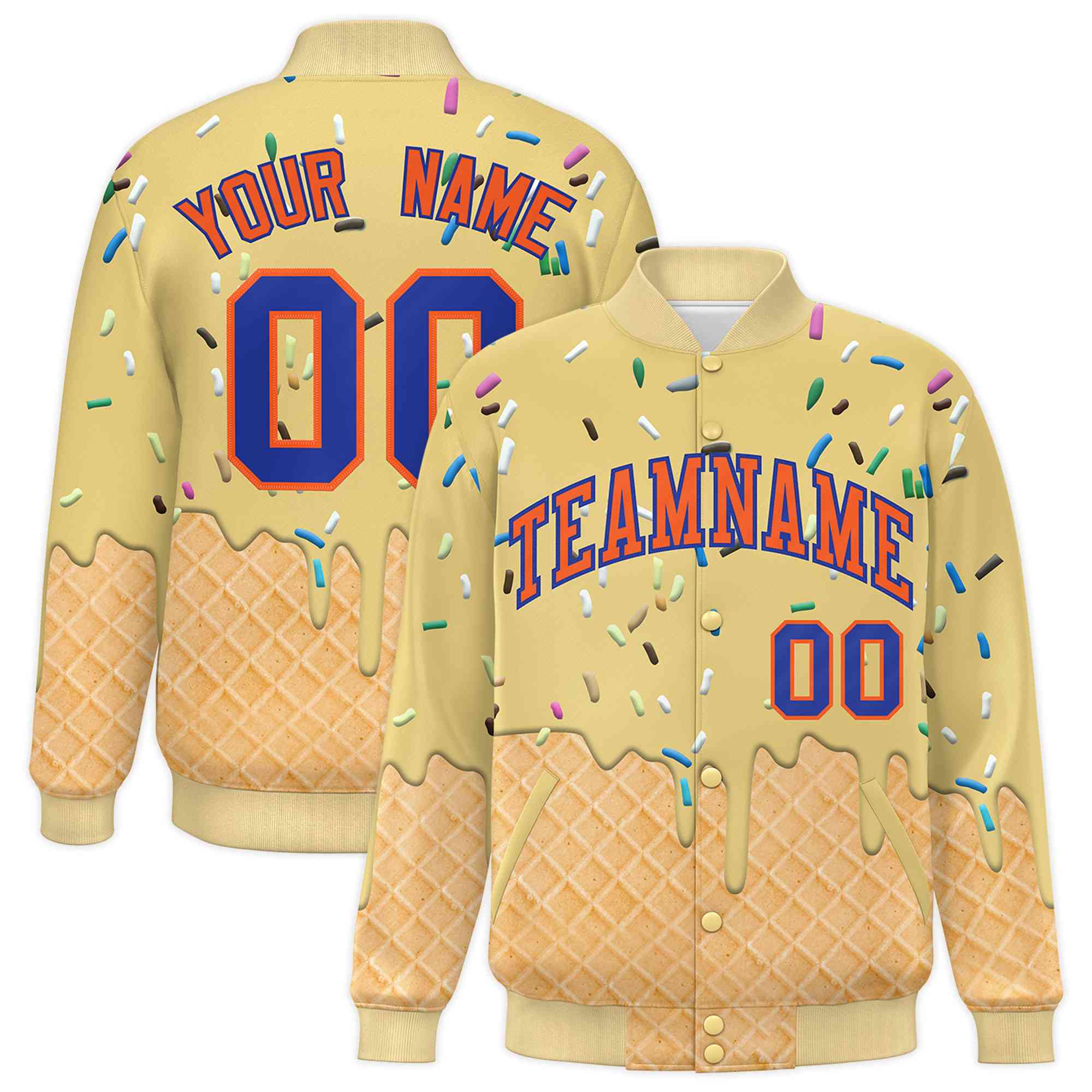 Custom Khaki Ice Cream Cone Graffiti Pattern Full-Snap Varsity Letterman Jackets