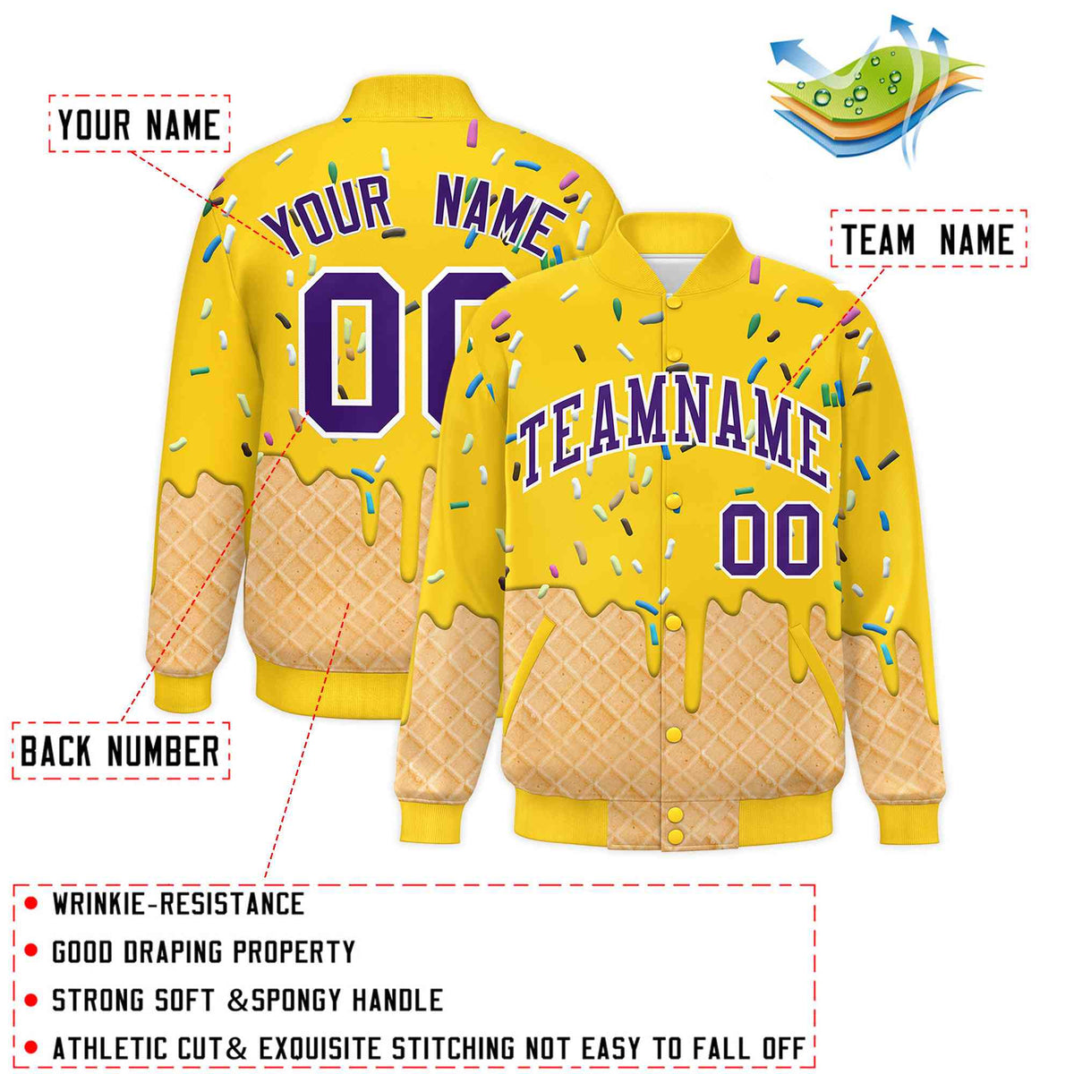 Custom Gold Ice Cream Cone Graffiti Pattern Full-Snap Varsity Letterman Jackets
