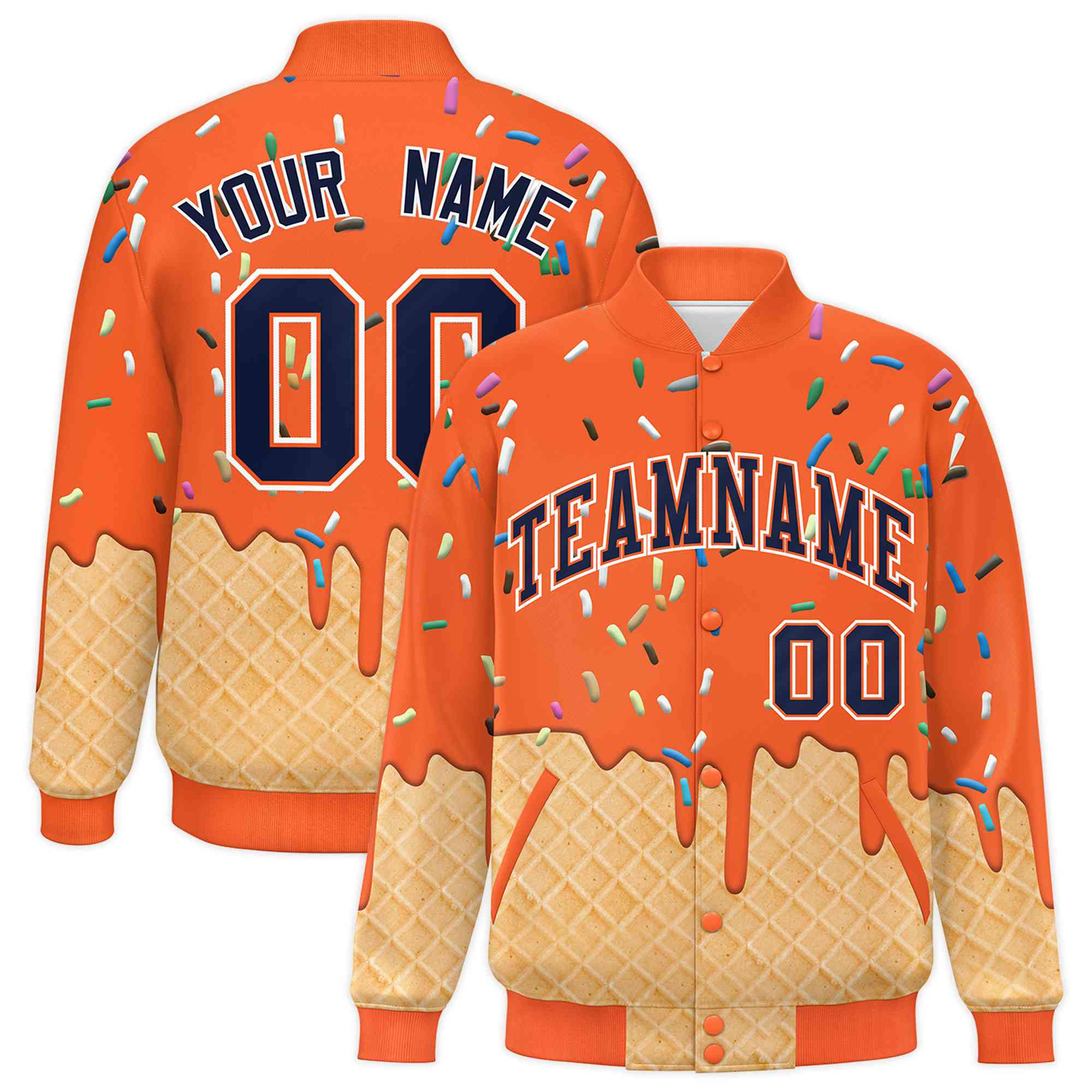Custom Orange Ice Cream Cone Graffiti Pattern Full-Snap Varsity Letterman Jackets