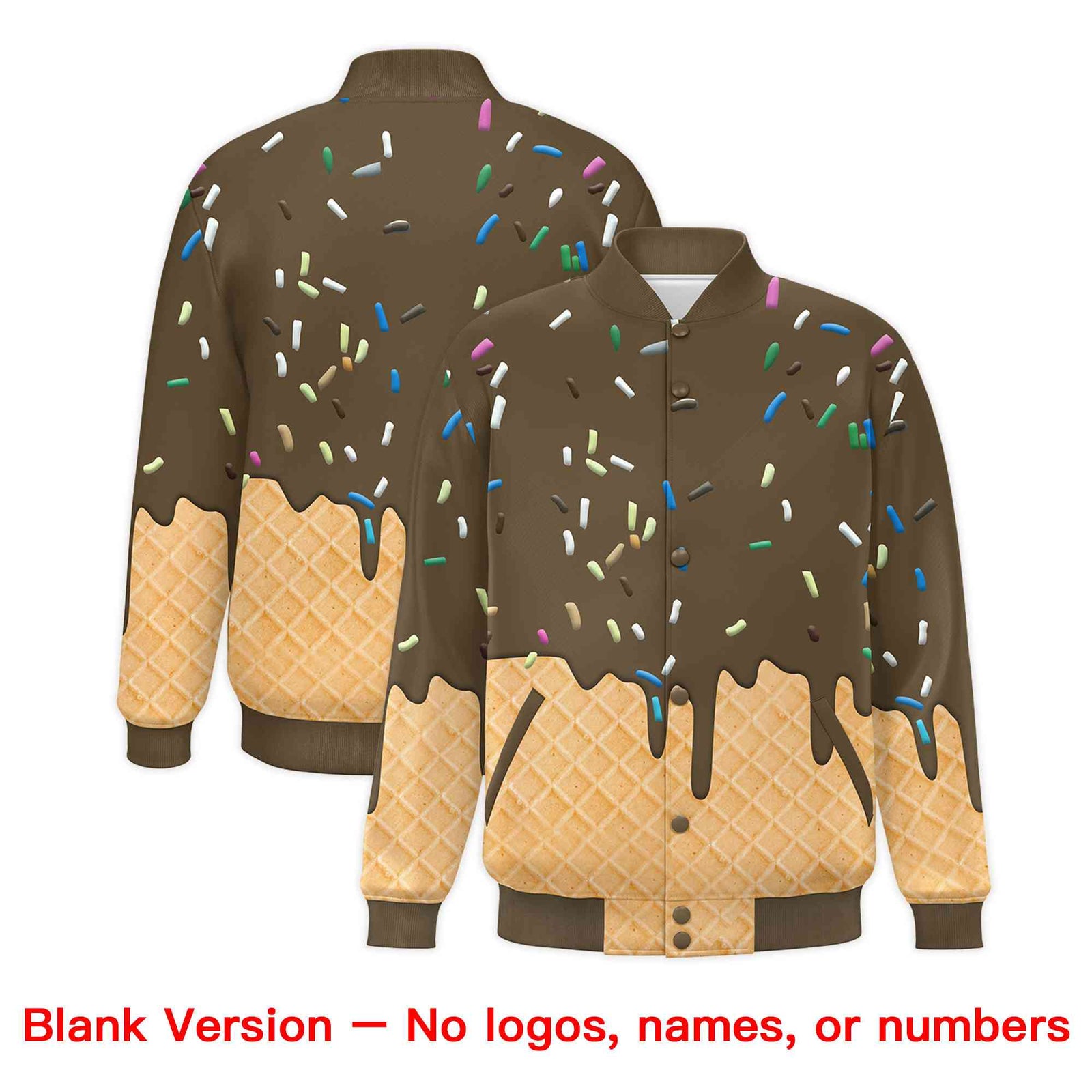 Custom Light Brown Ice Cream Cone Graffiti Pattern Full-Snap Varsity Letterman Jackets