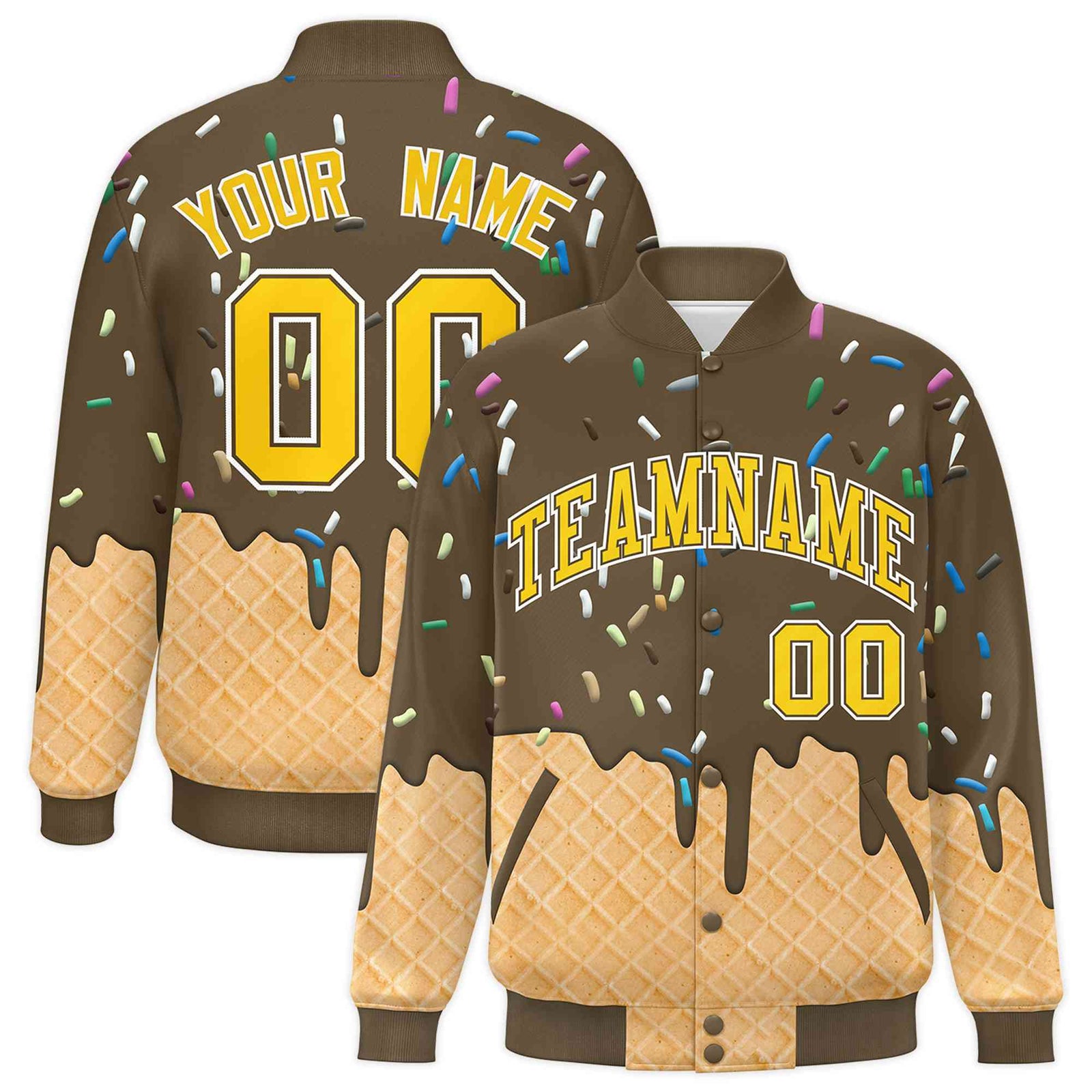 Custom Light Brown Ice Cream Cone Graffiti Pattern Full-Snap Varsity Letterman Jackets
