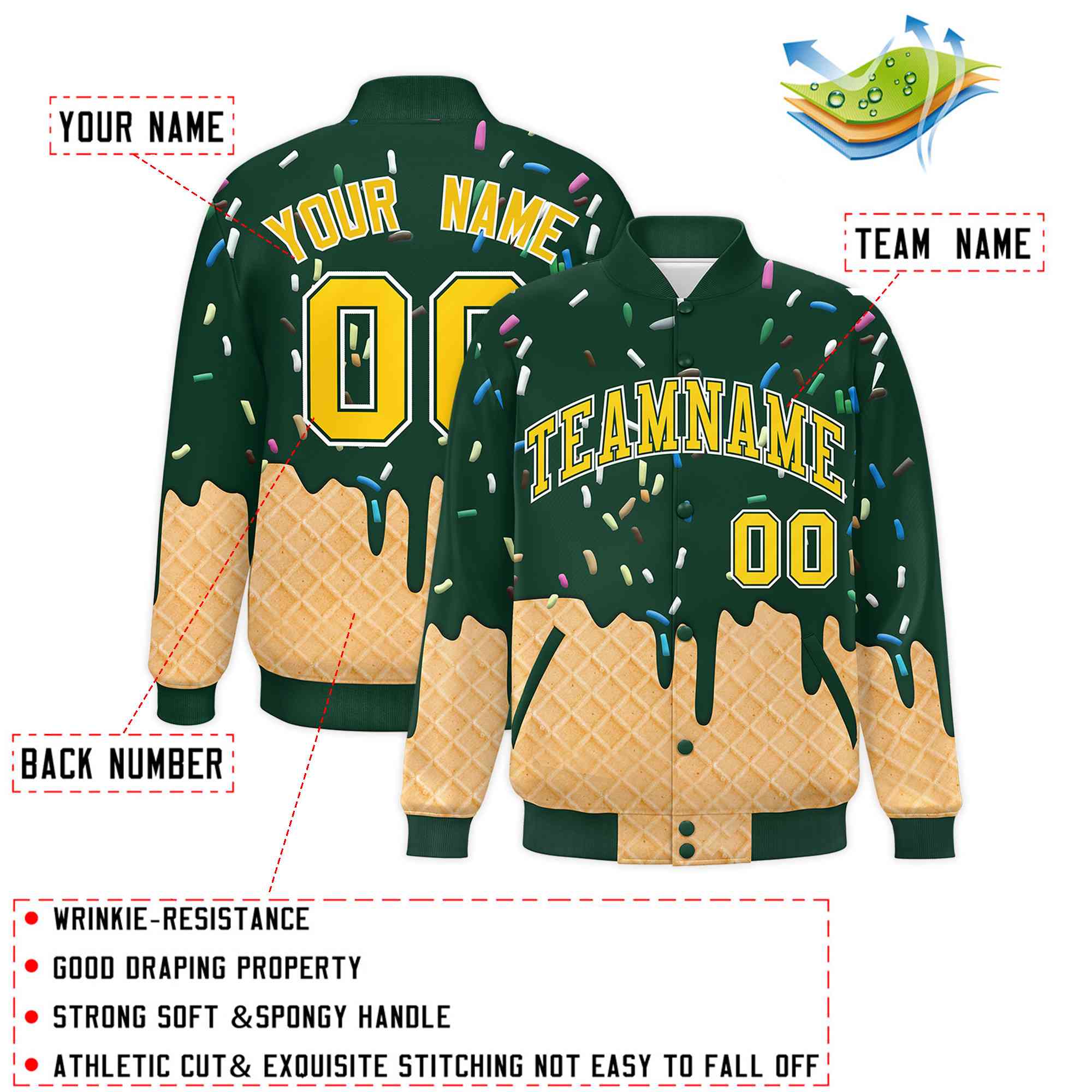 Custom Green Ice Cream Cone Graffiti Pattern Full-Snap Varsity Letterman Jackets