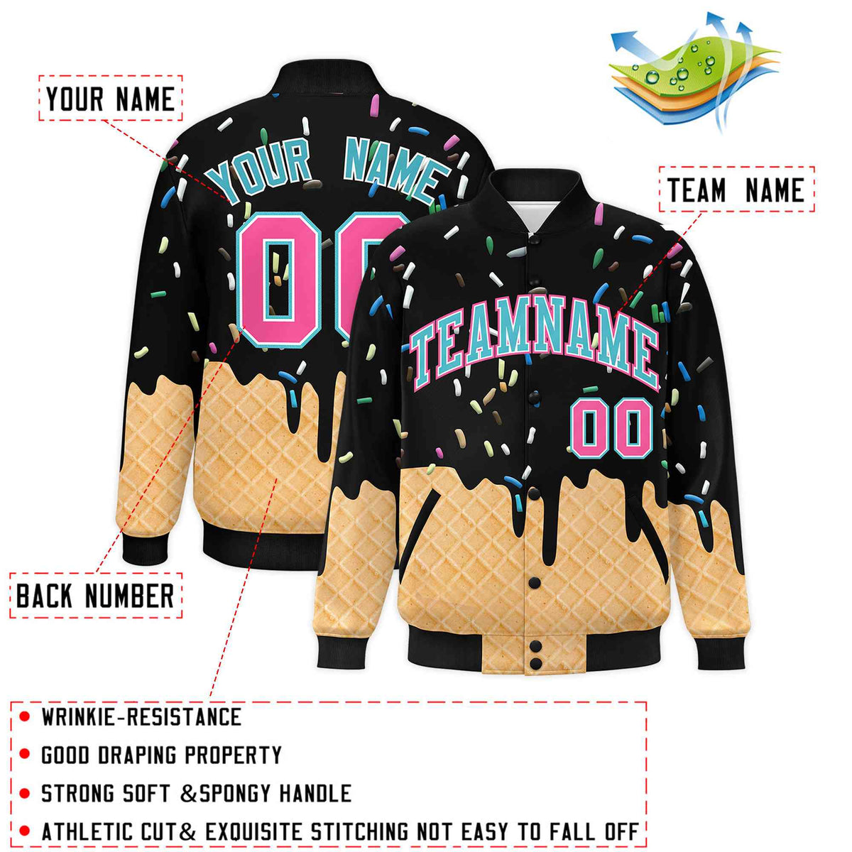 Custom Black Ice Cream Cone Graffiti Pattern Full-Snap Varsity Letterman Jackets