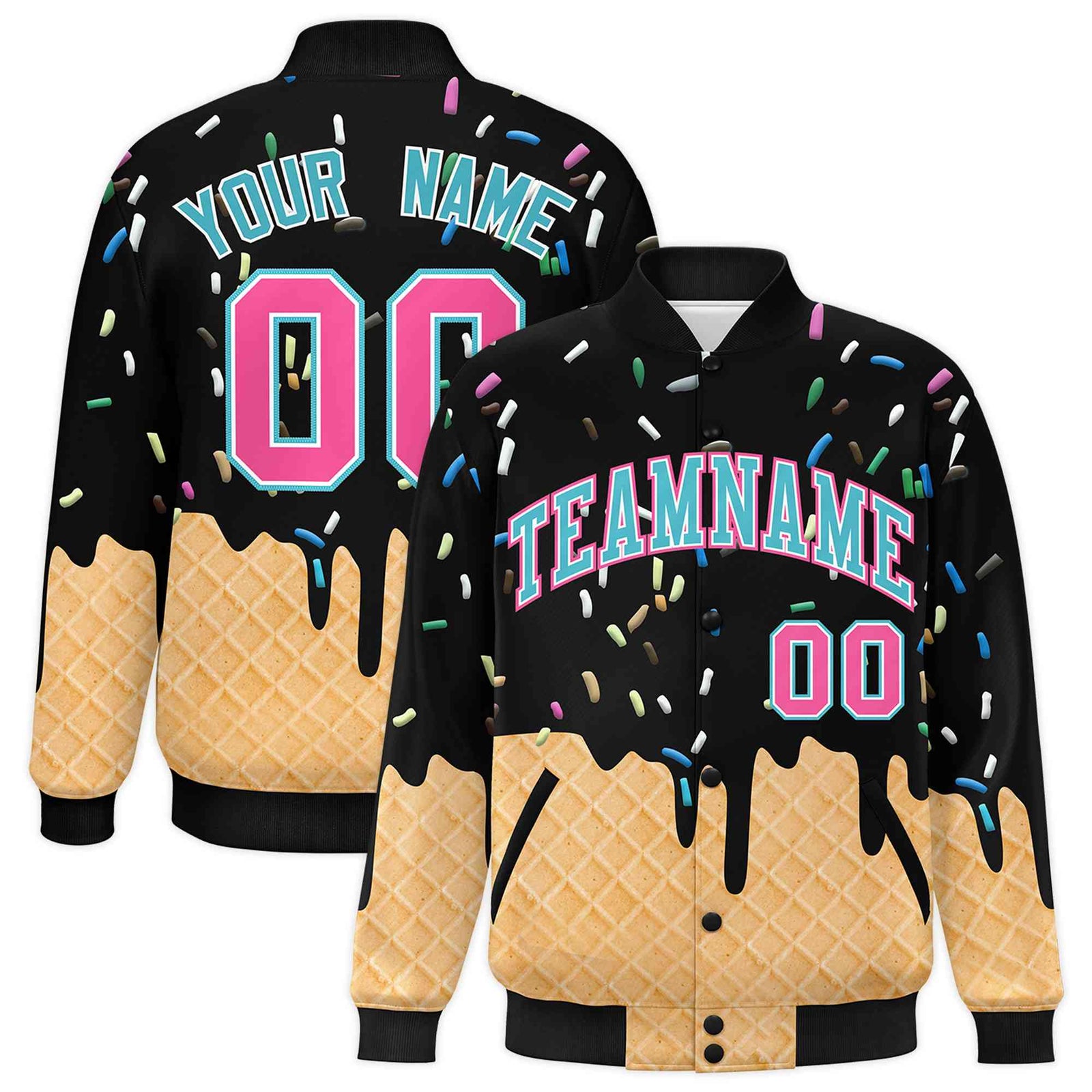 Custom Black Ice Cream Cone Graffiti Pattern Full-Snap Varsity Letterman Jackets