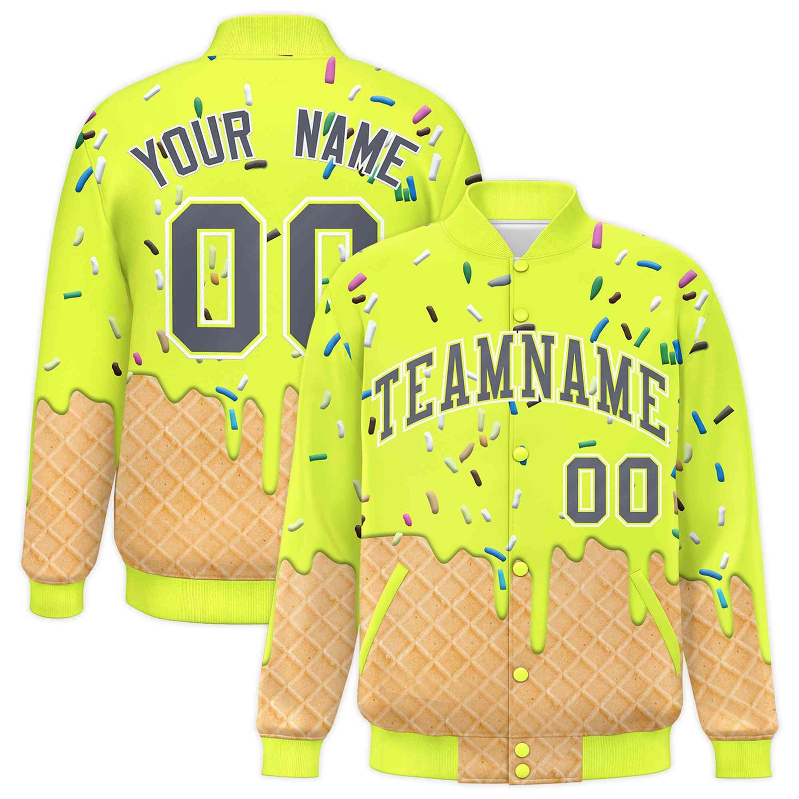 Custom Fluorescent Green Ice Cream Cone Graffiti Pattern Full-Snap Varsity Letterman Jackets