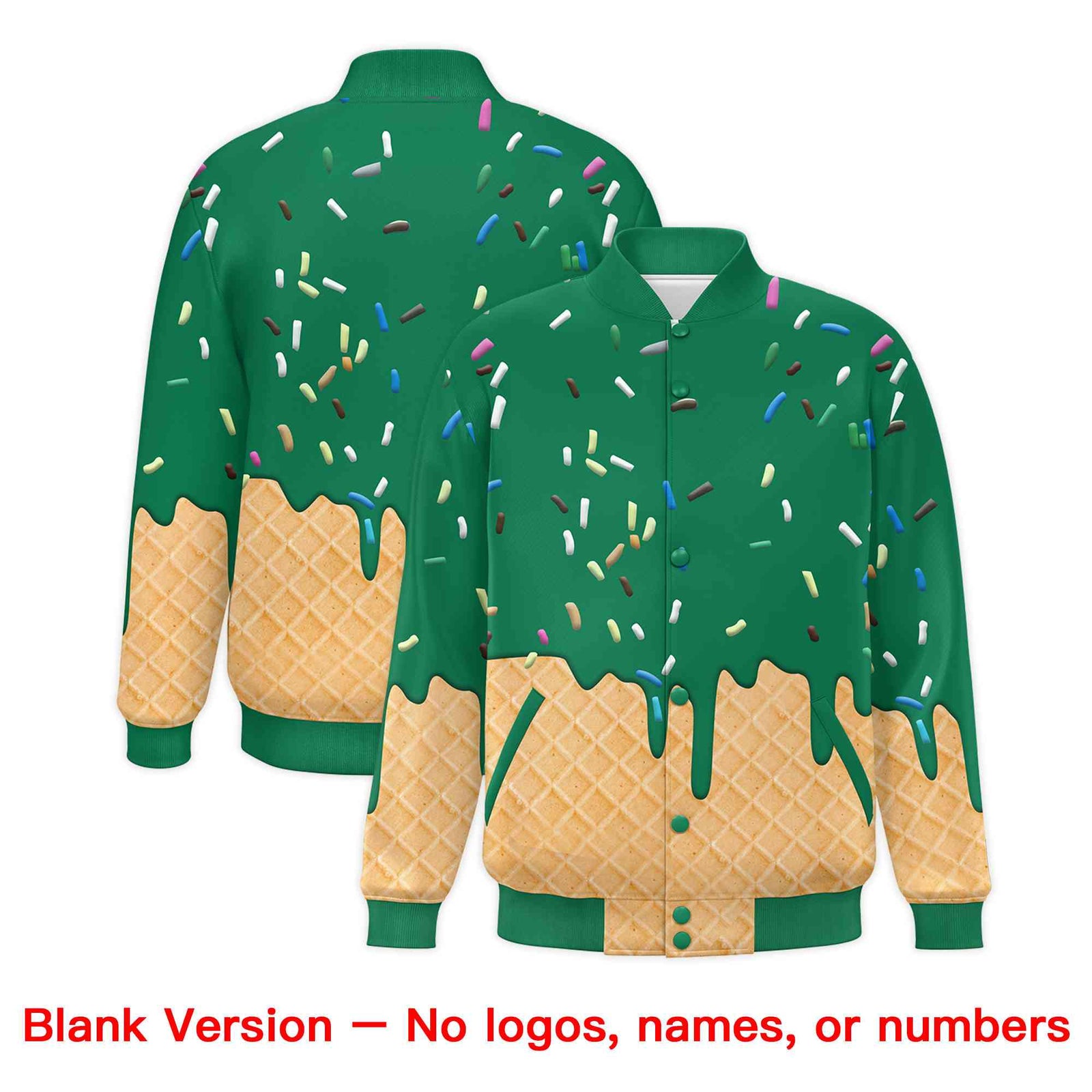 Custom Kelly Green Ice Cream Cone Graffiti Pattern Full-Snap Varsity Letterman Jackets