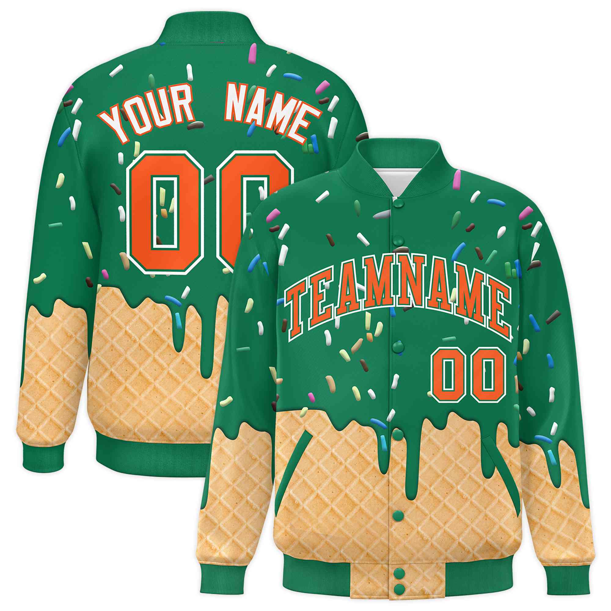 Custom Kelly Green Ice Cream Cone Graffiti Pattern Full-Snap Varsity Letterman Jackets
