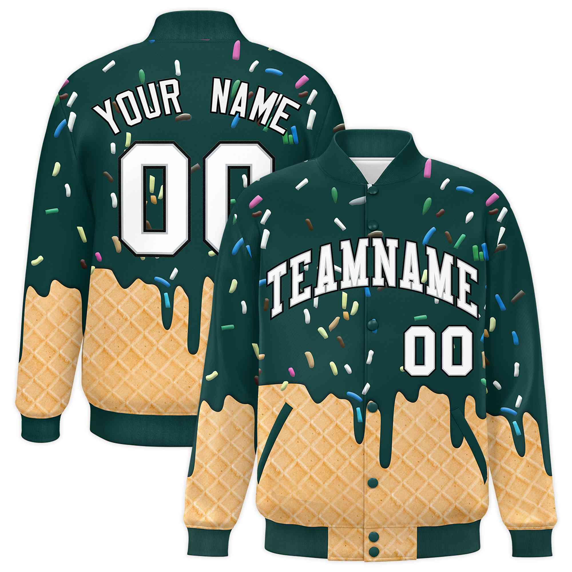 Custom Midnight Green Ice Cream Cone Graffiti Pattern Full-Snap Varsity Letterman Jackets