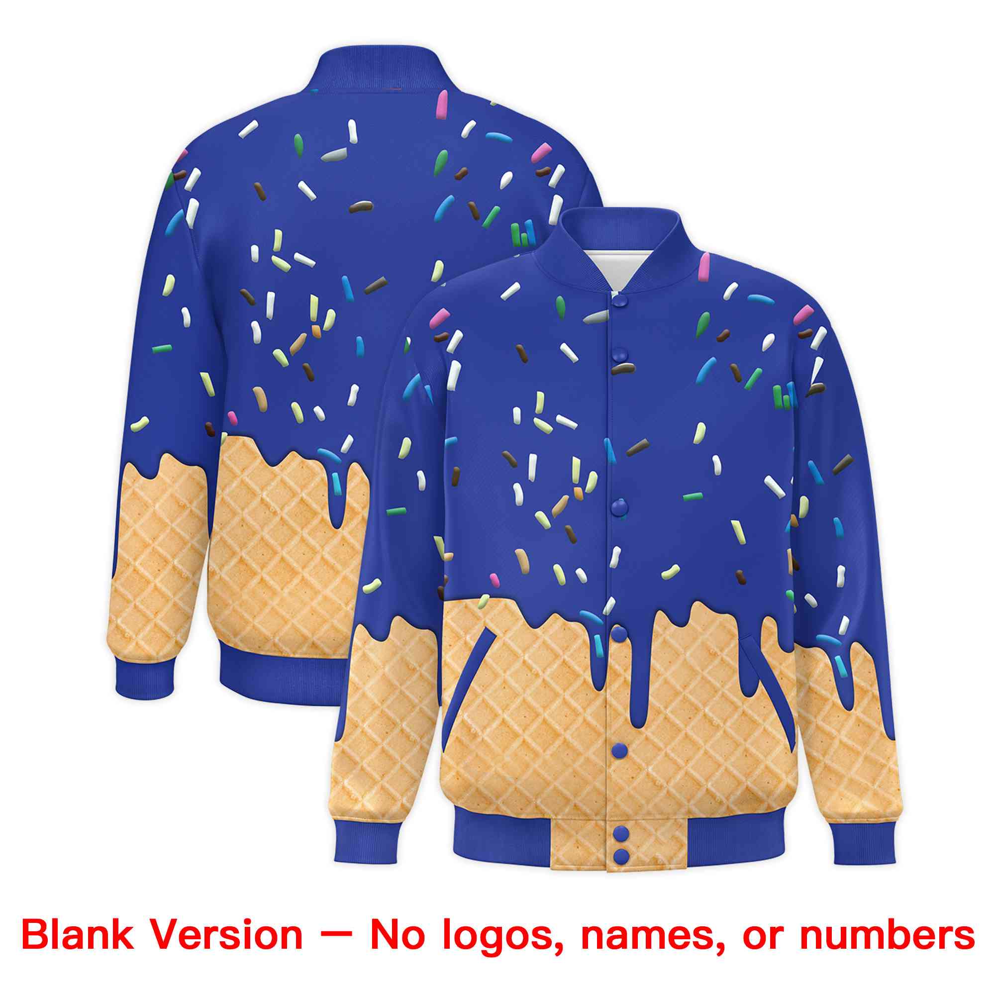 Custom Royal Blue Ice Cream Cone Graffiti Pattern Full-Snap Varsity Letterman Jackets