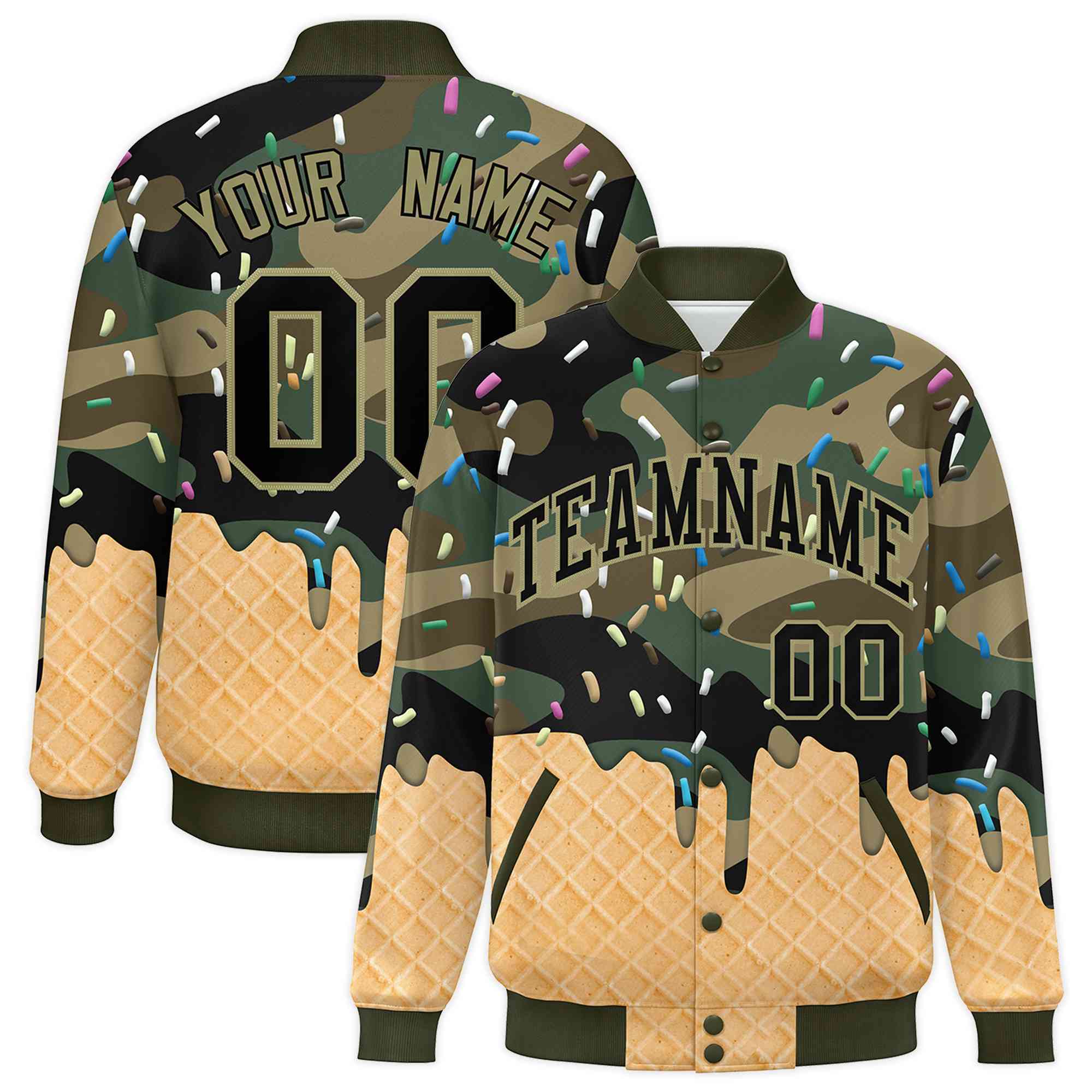 Custom Camo Ice Cream Cone Graffiti Pattern Full-Snap Varsity Letterman Jackets