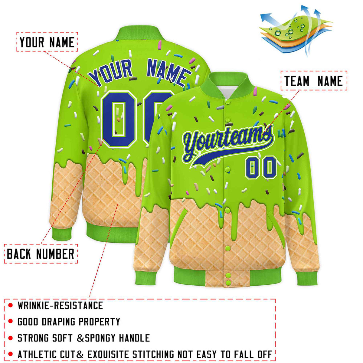 Custom Neon Green Ice Cream Cone Graffiti Pattern Full-Snap Varsity Letterman Jackets