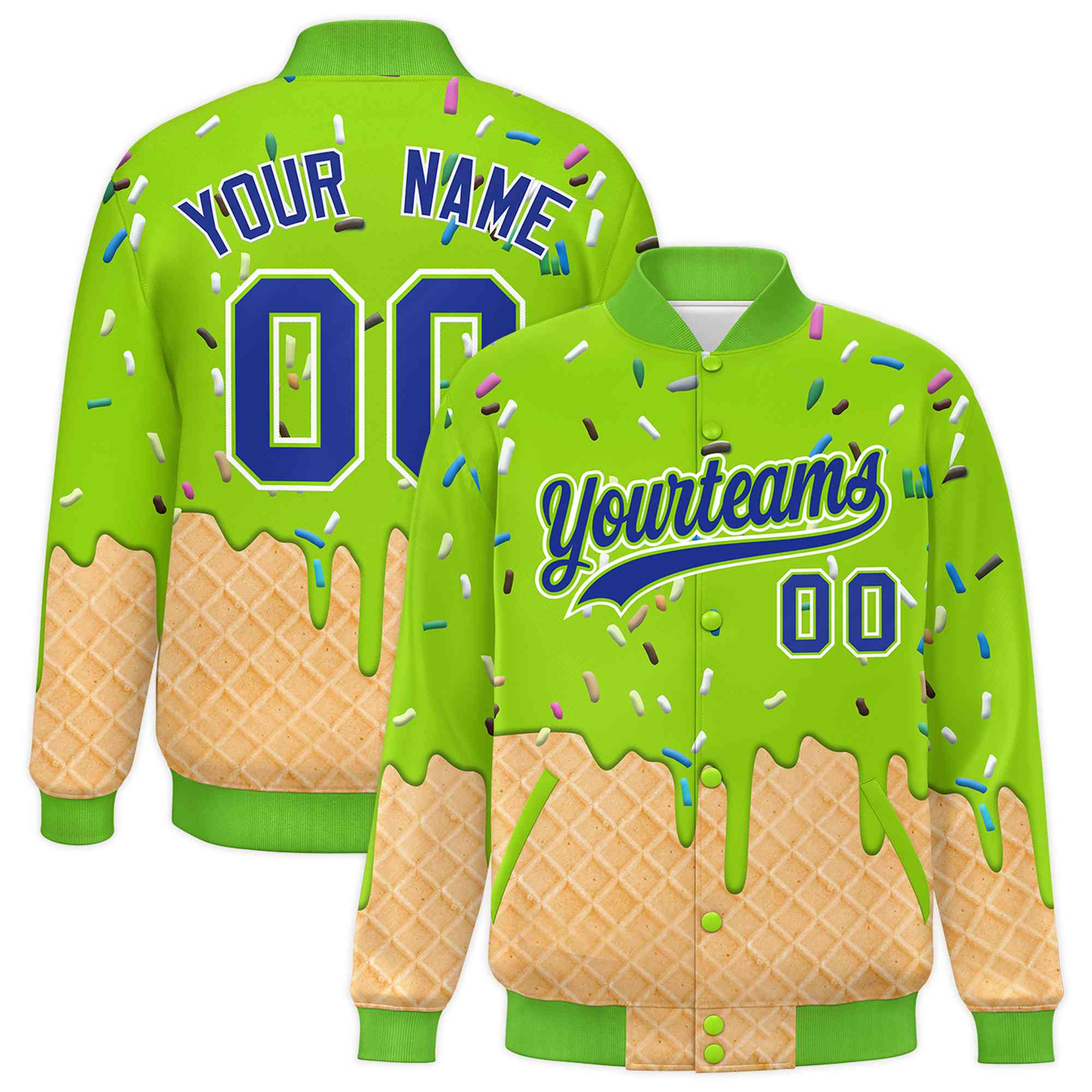 Custom Neon Green Ice Cream Cone Graffiti Pattern Full-Snap Varsity Letterman Jackets