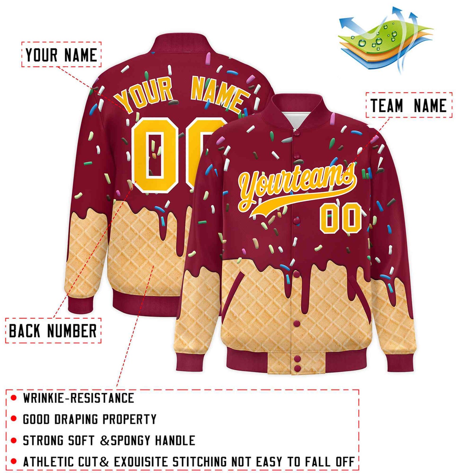 Custom Crimson Ice Cream Cone Graffiti Pattern Full-Snap Varsity Letterman Jackets