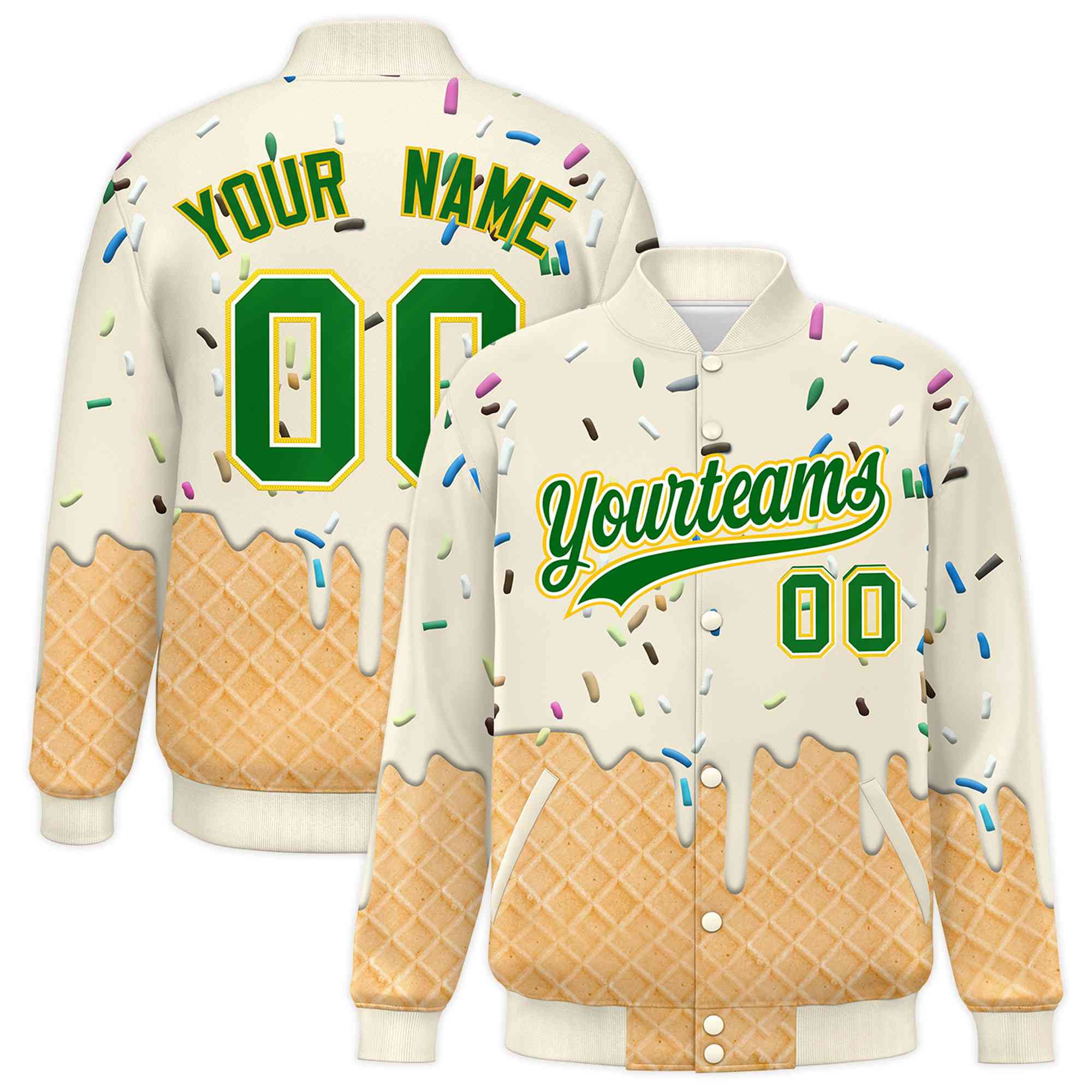 Custom Cream Ice Cream Cone Graffiti Pattern Full-Snap Varsity Letterman Jackets