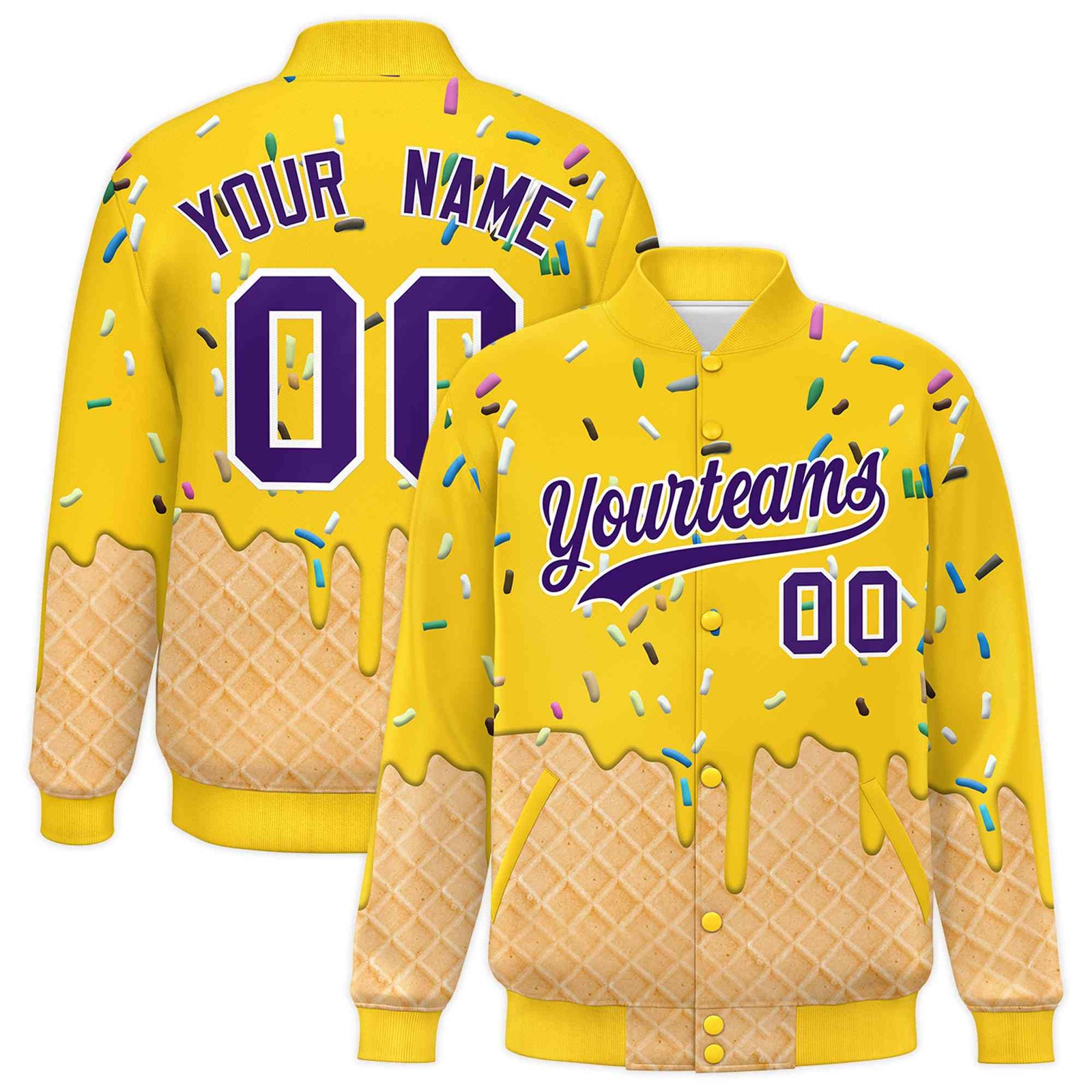 Custom Gold Ice Cream Cone Graffiti Pattern Full-Snap Varsity Letterman Jackets