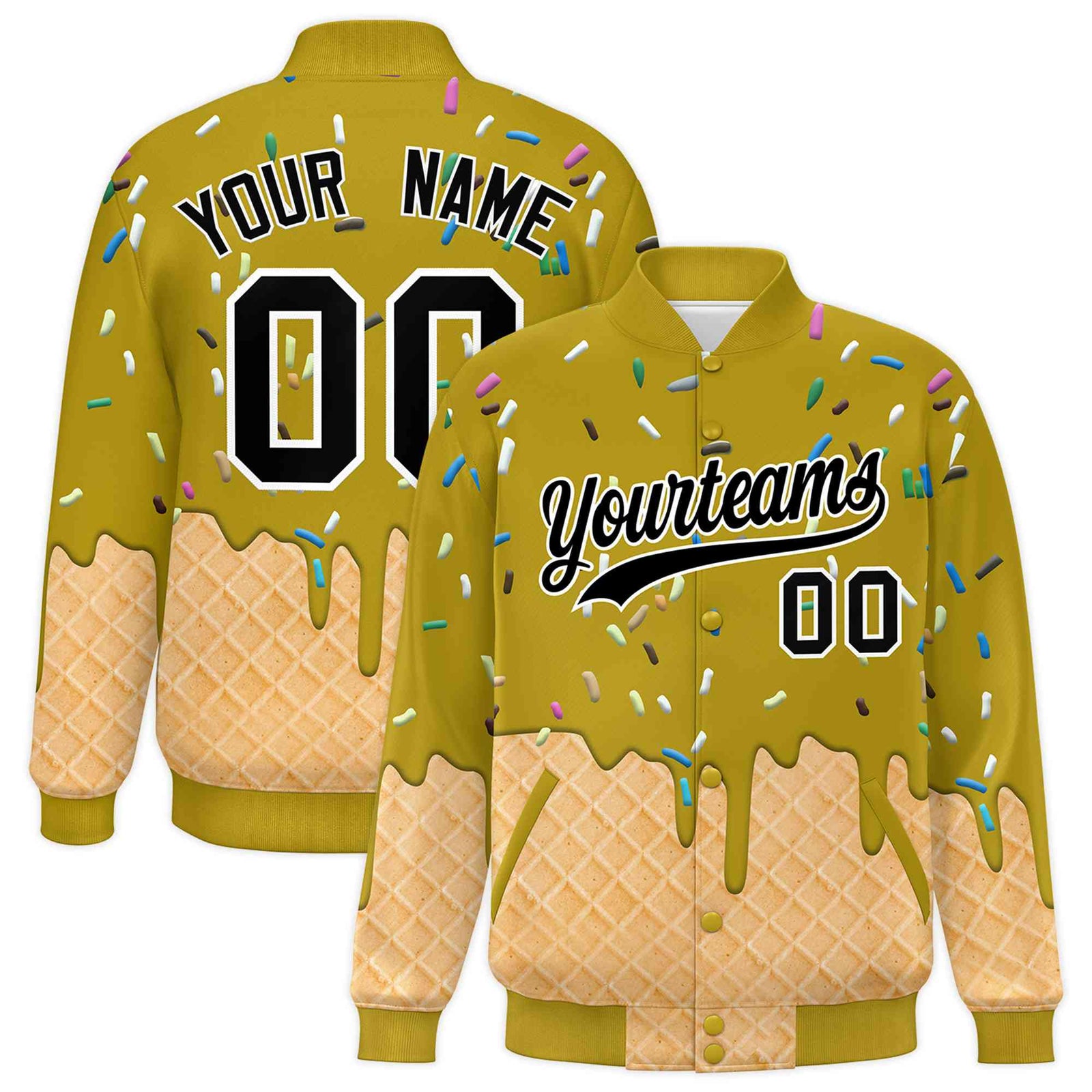 Custom Old Gold Ice Cream Cone Graffiti Pattern Full-Snap Varsity Letterman Jackets