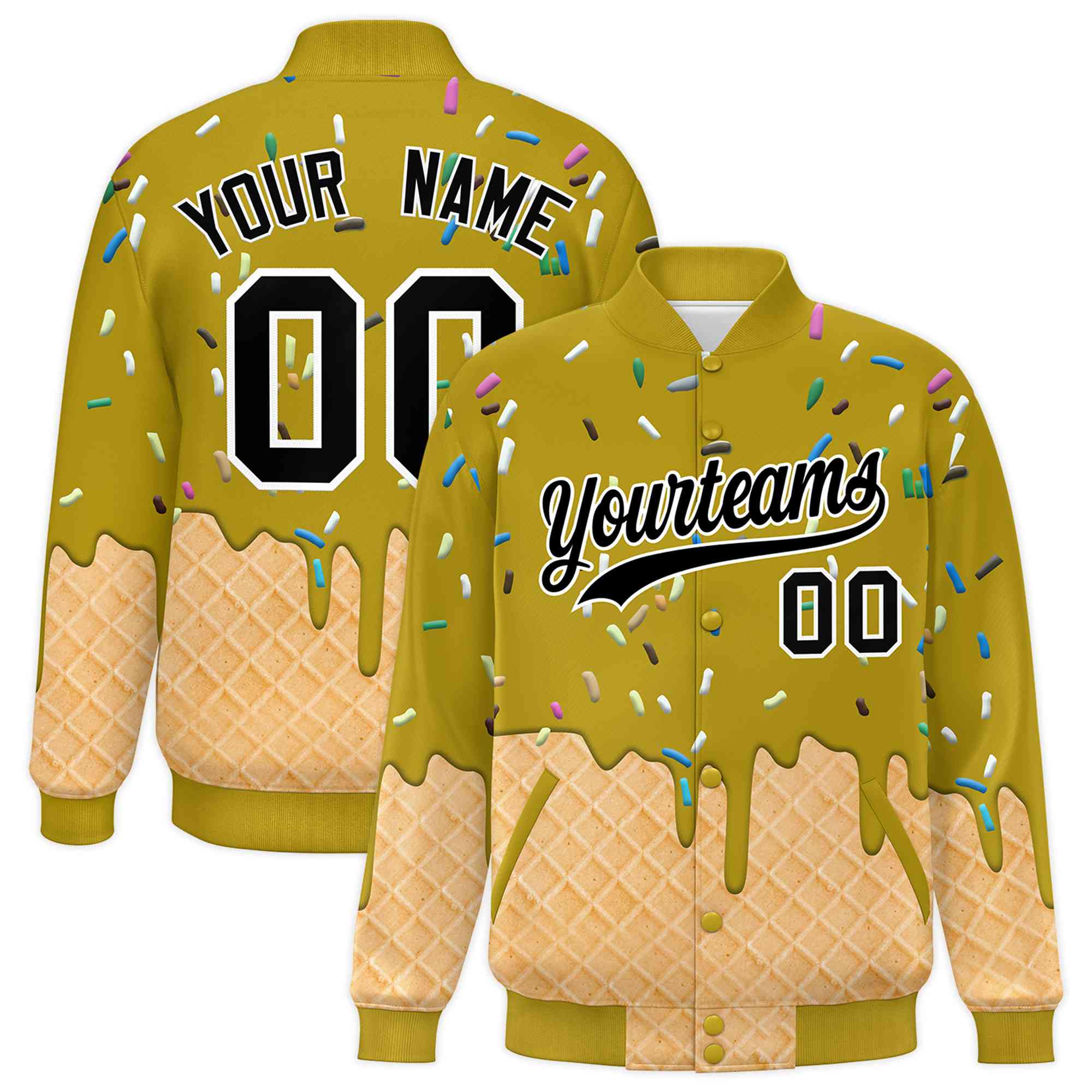 Custom Old Gold Ice Cream Cone Graffiti Pattern Full-Snap Varsity Letterman Jackets