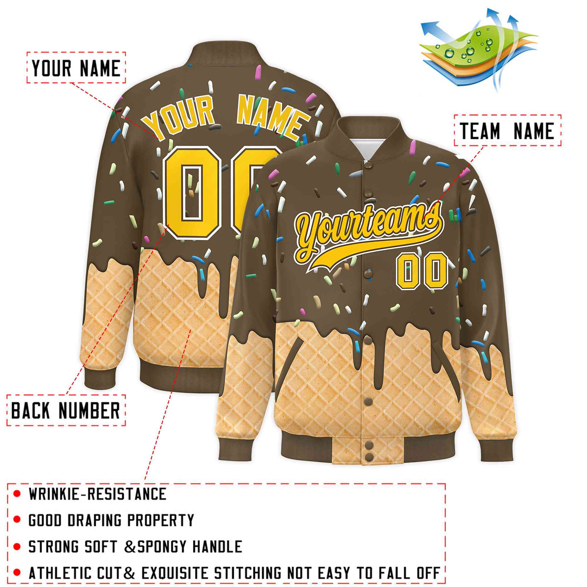 Custom Light Brown Ice Cream Cone Graffiti Pattern Full-Snap Varsity Letterman Jackets