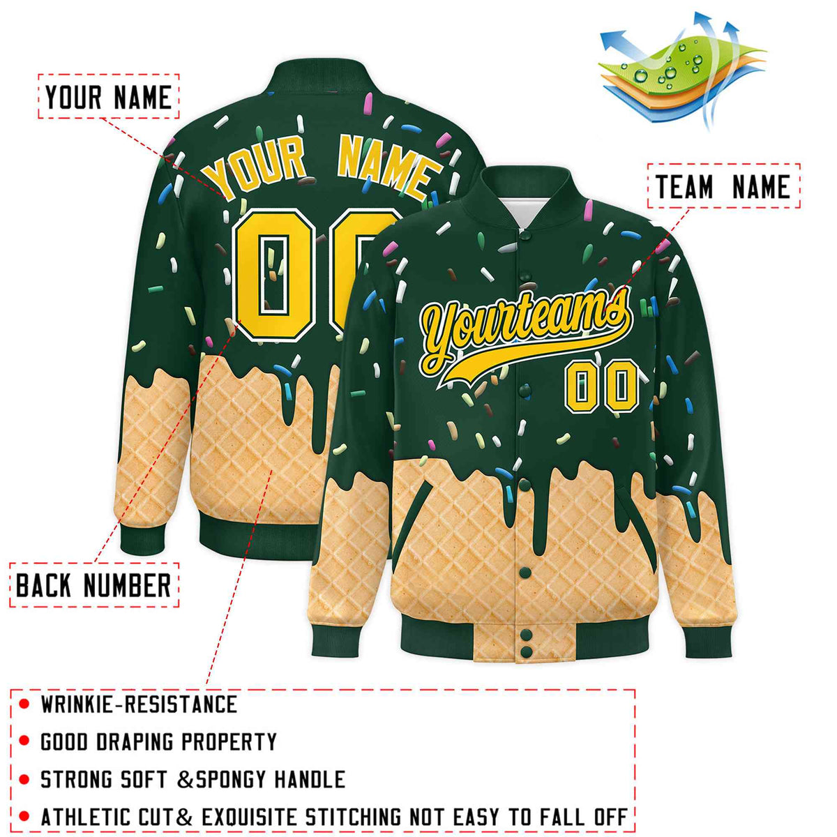 Custom Green Ice Cream Cone Graffiti Pattern Full-Snap Varsity Letterman Jackets