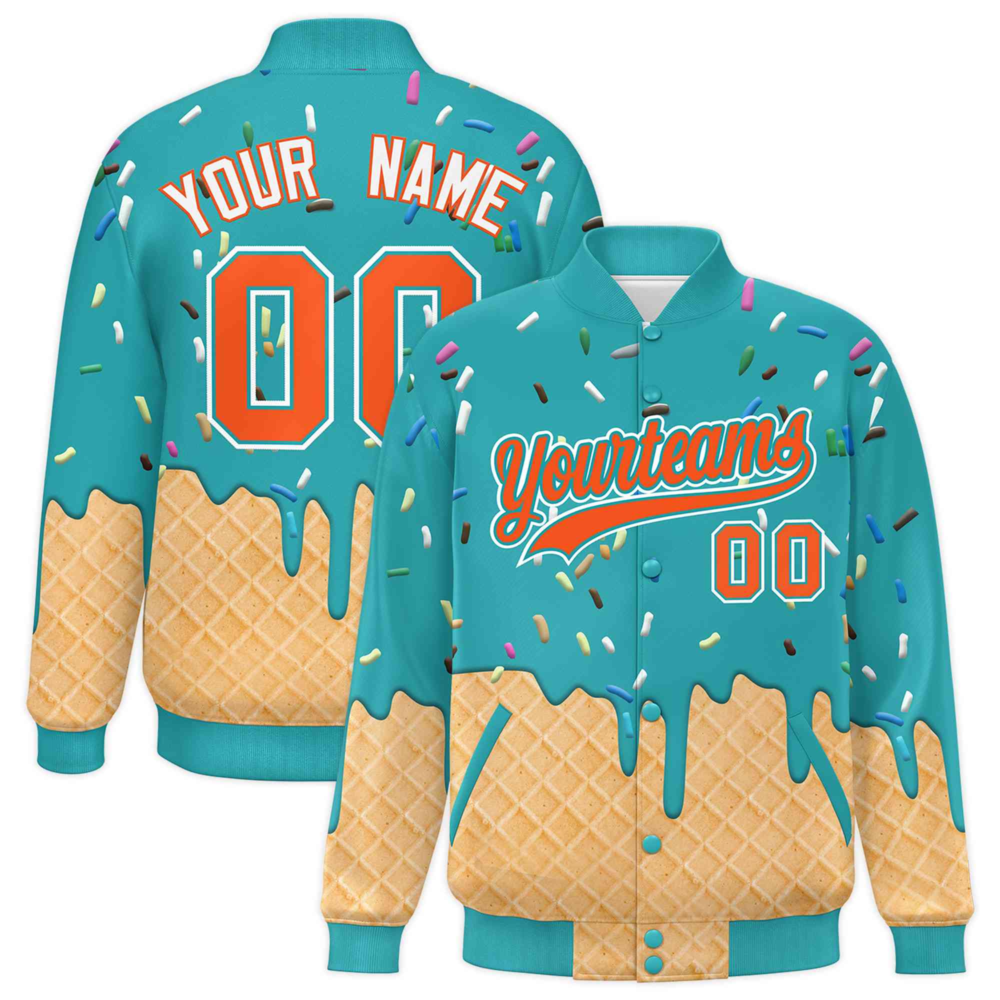 Custom Aqua Ice Cream Cone Graffiti Pattern Full-Snap Varsity Letterman Jackets