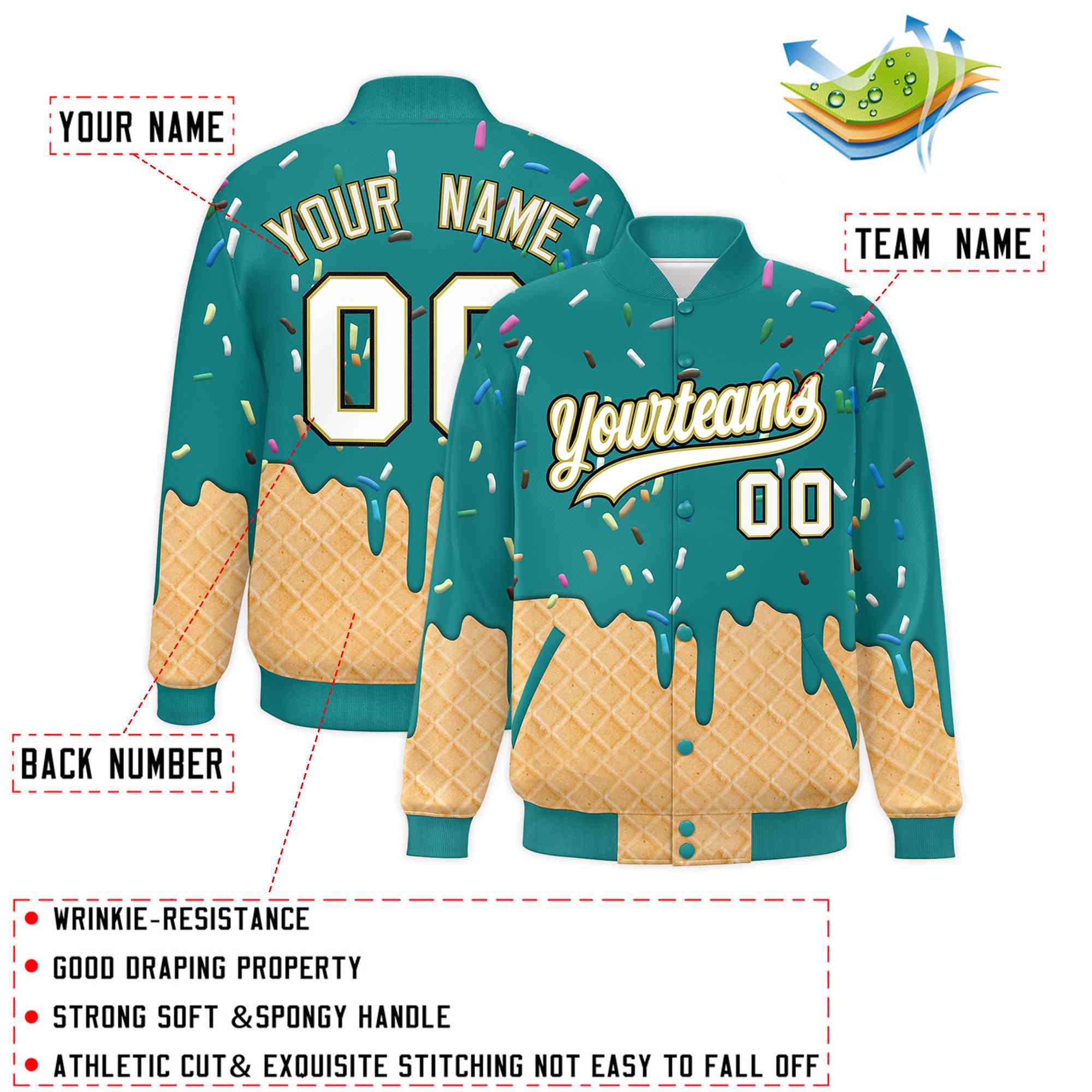 Custom Teal Ice Cream Cone Graffiti Pattern Full-Snap Varsity Letterman Jackets