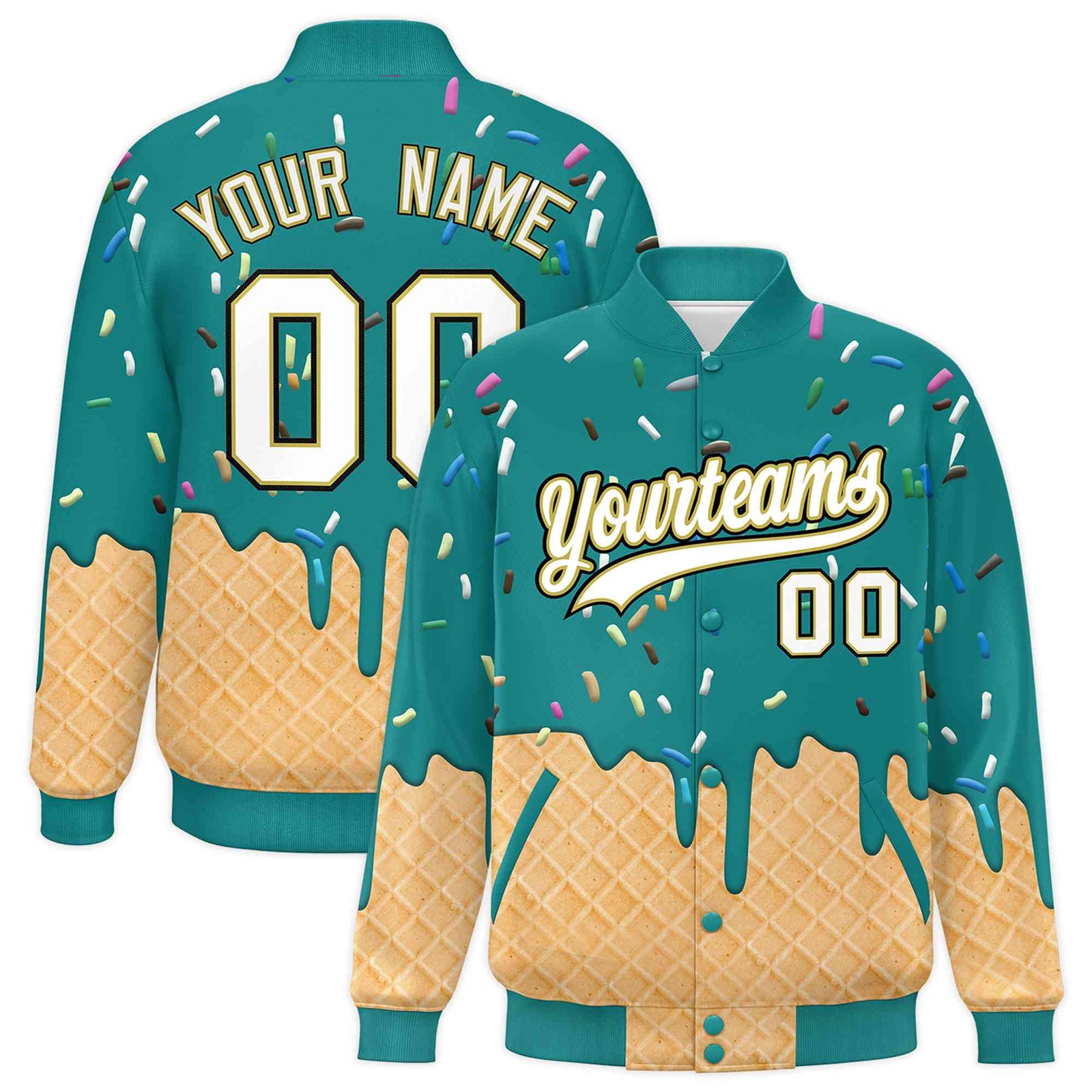 Custom Teal Ice Cream Cone Graffiti Pattern Full-Snap Varsity Letterman Jackets