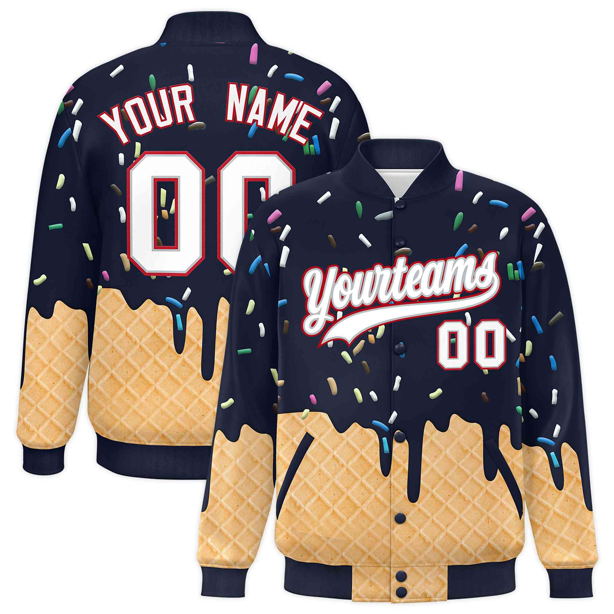 Custom Navy Ice Cream Cone Graffiti Pattern Full-Snap Varsity Letterman Jackets