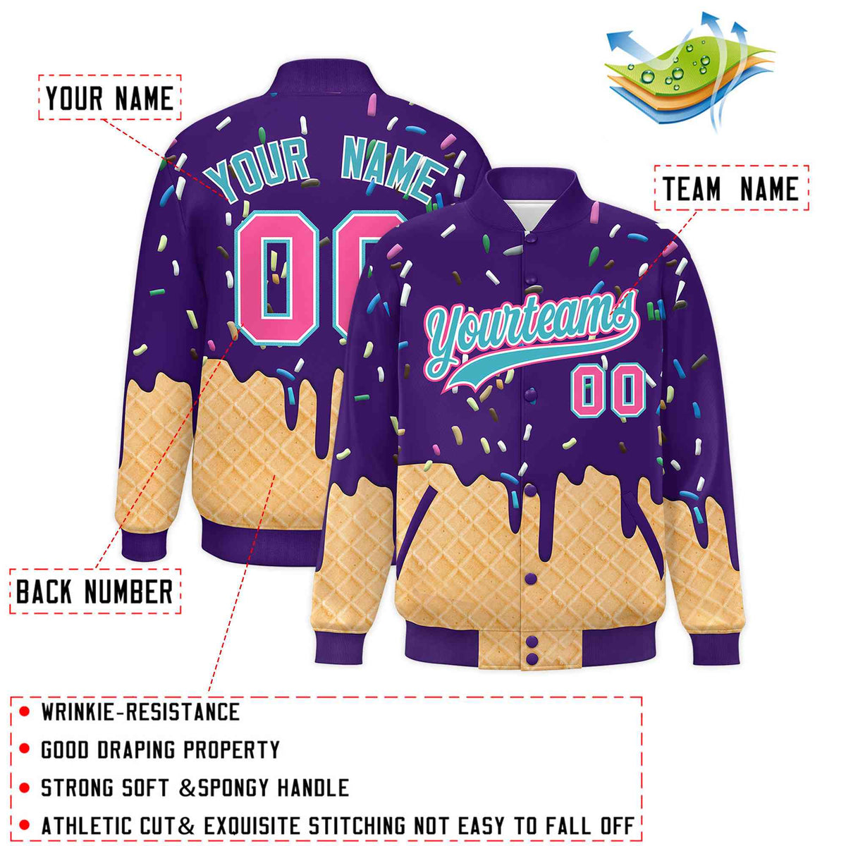 Custom Purple Ice Cream Cone Graffiti Pattern Full-Snap Varsity Letterman Jackets