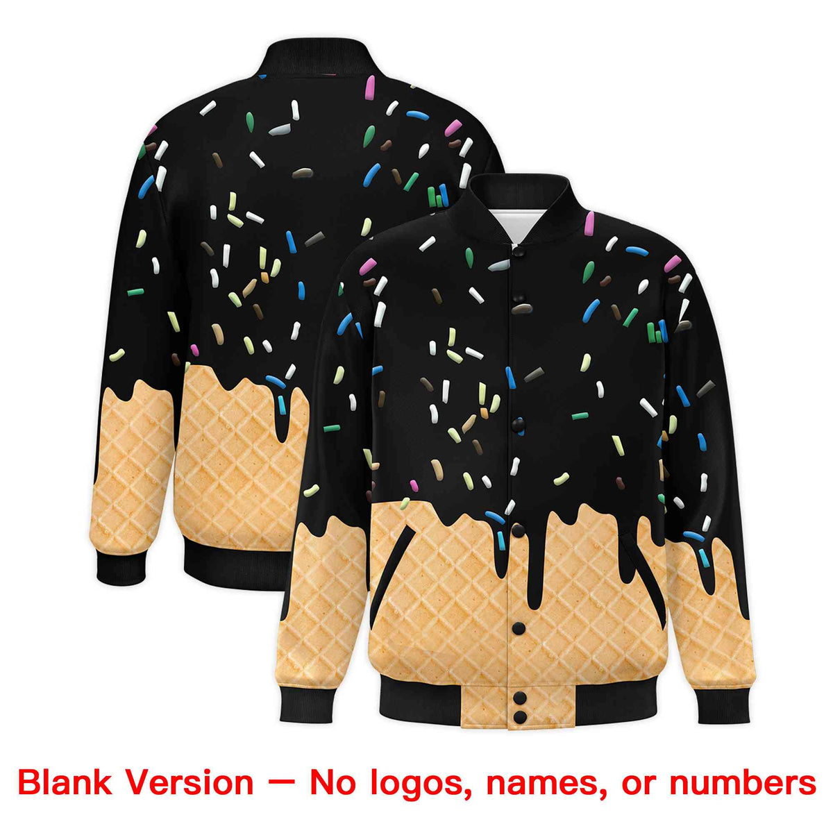 Custom Black Ice Cream Cone Graffiti Pattern Full-Snap Varsity Letterman Jackets