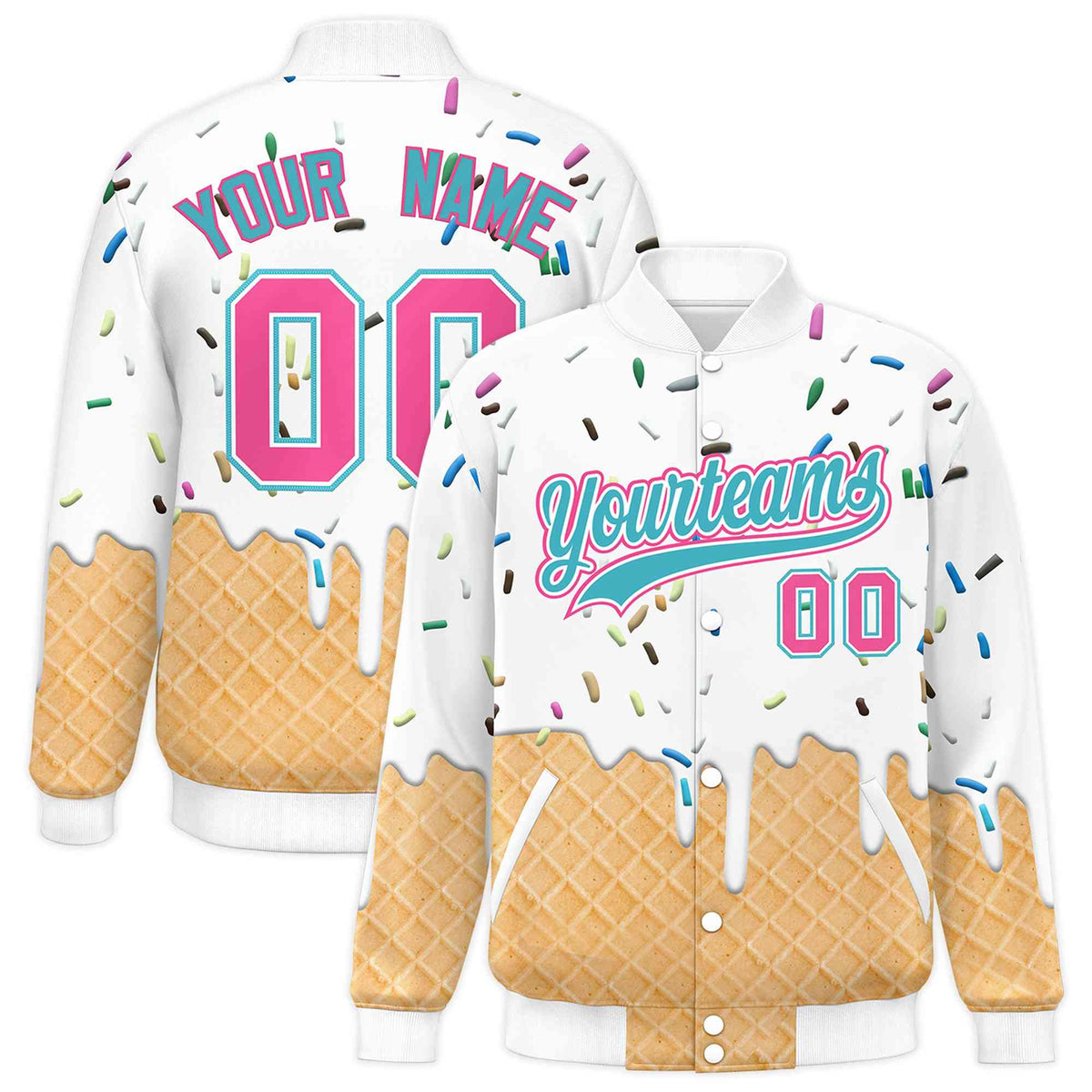 Custom White Ice Cream Cone Graffiti Pattern Full-Snap Varsity Letterman Jackets