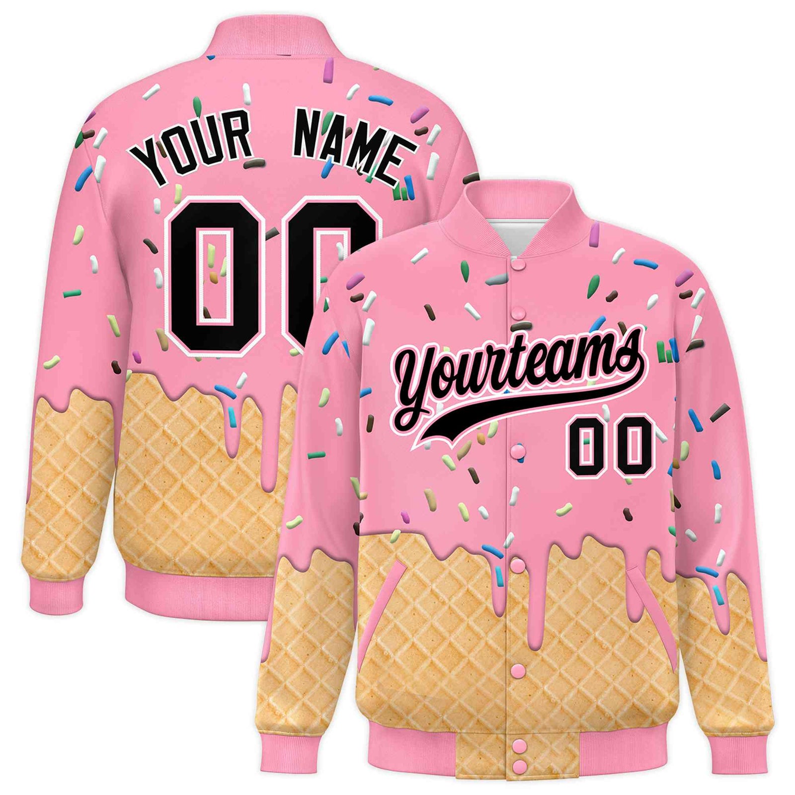 Custom Light Pink Ice Cream Cone Graffiti Pattern Full-Snap Varsity Letterman Jackets